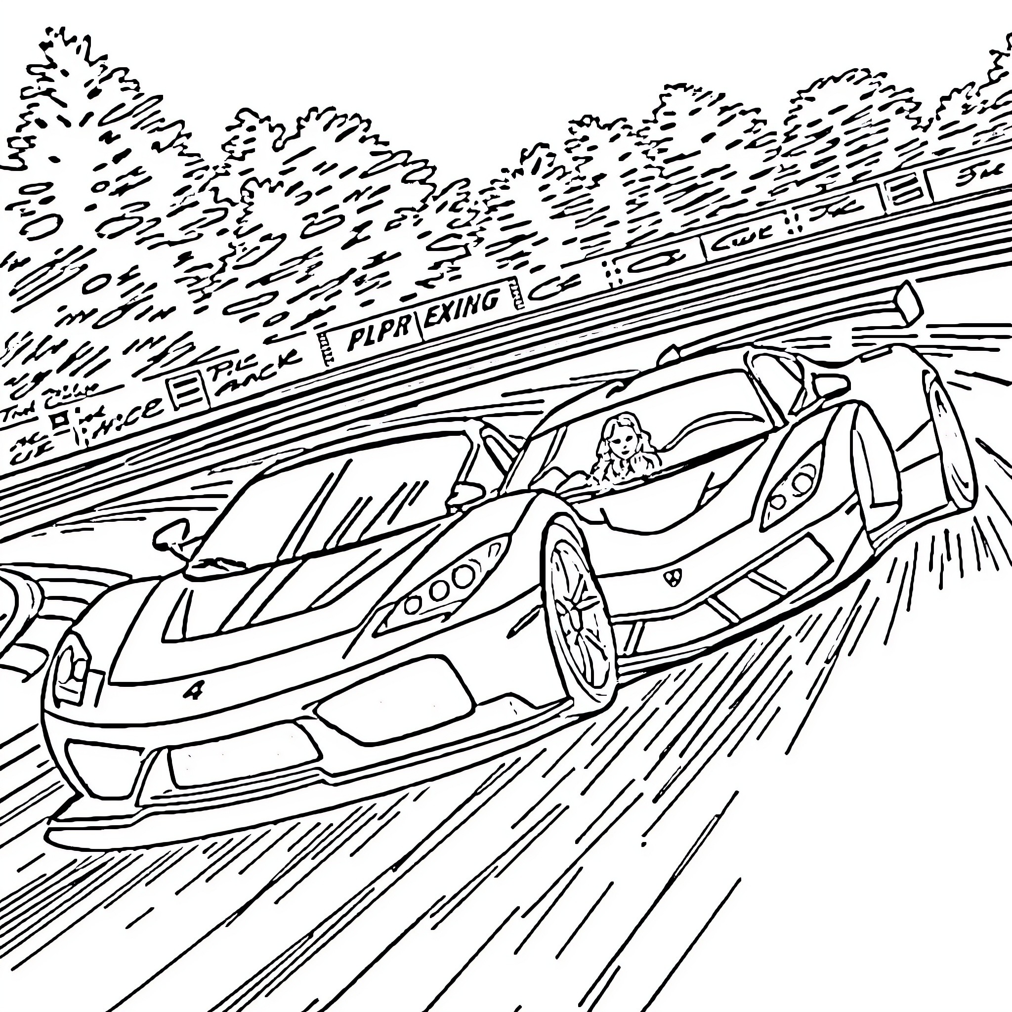 Sport Car Racing Down the Track Coloring Page (free black-and-white line drawing printable PDF for all, from beginners to advanced learners, including children, teens, adults, and seniors)