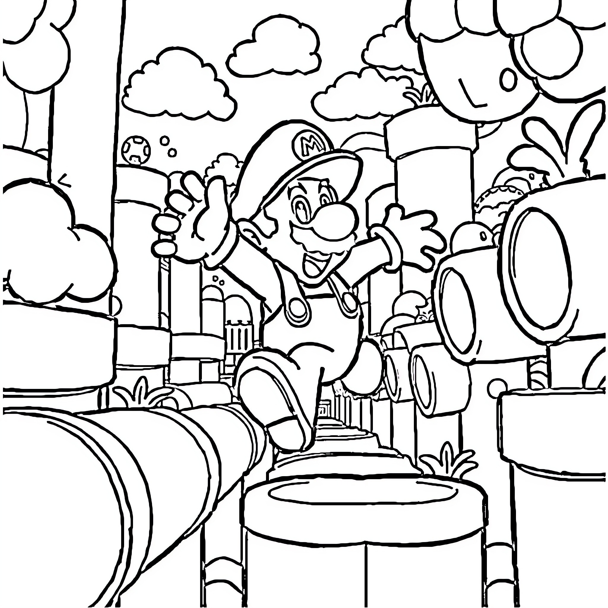 Super Mario Exploring the Mushroom Kingdom Landscape Coloring Page (free black-and-white line drawing printable PDF for all, from beginners to advanced learners, including children, teens, adults, and seniors)