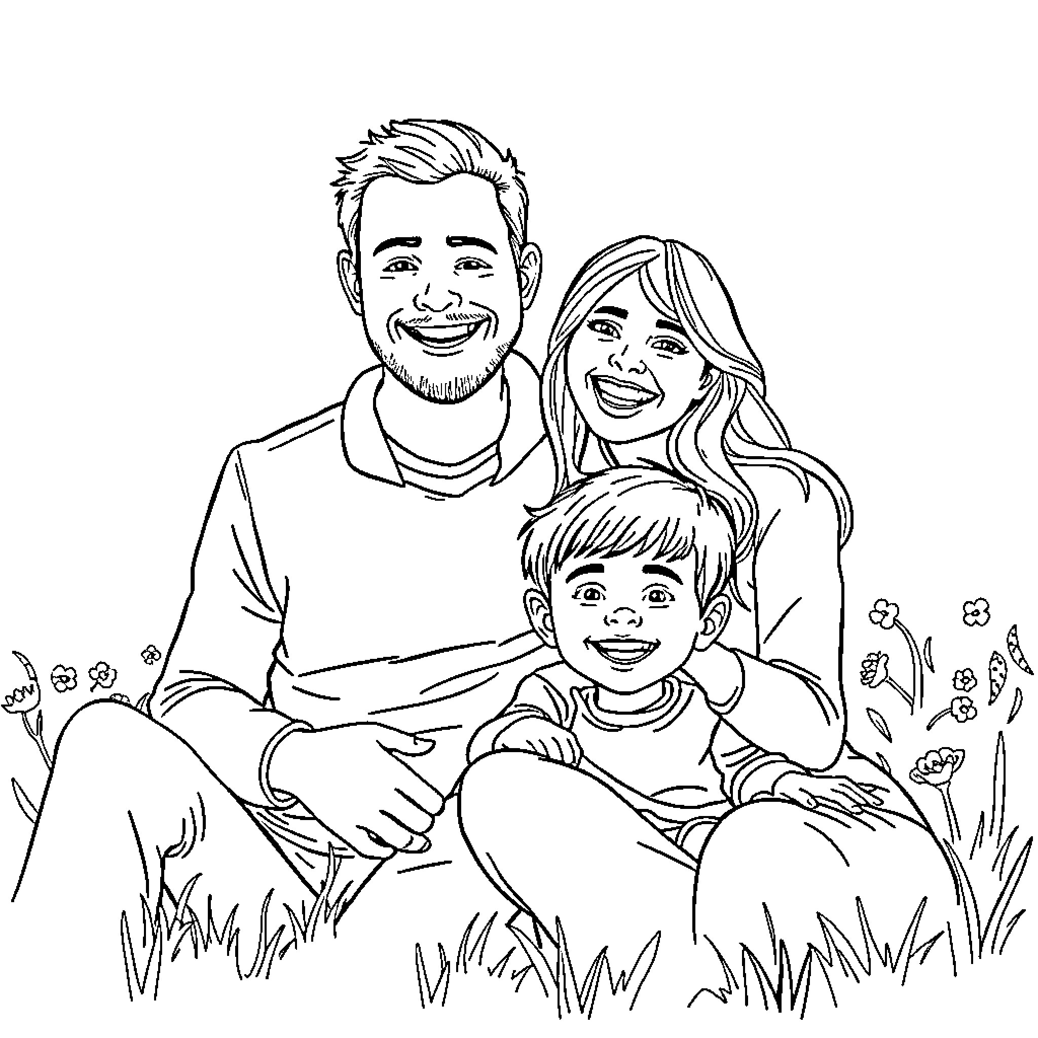 Family enjoying a peaceful day outdoors Coloring Page (free black-and-white line drawing printable PDF for all, from beginners to advanced learners, including children, teens, adults, and seniors)