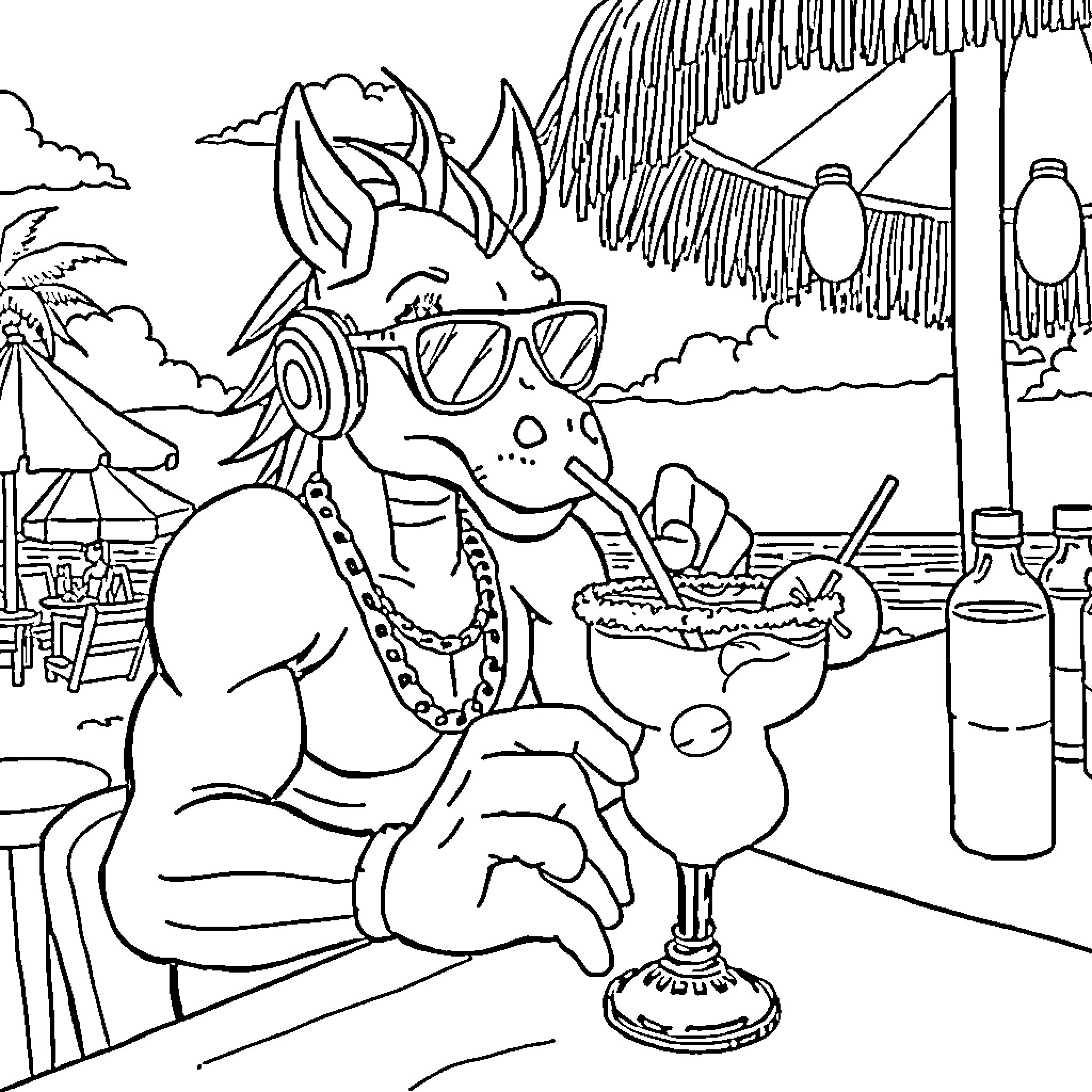 Huntrx enjoying beachside cocktail and scenery Coloring Page (free black-and-white line drawing printable PDF for all, from beginners to advanced learners, including children, teens, adults, and seniors)