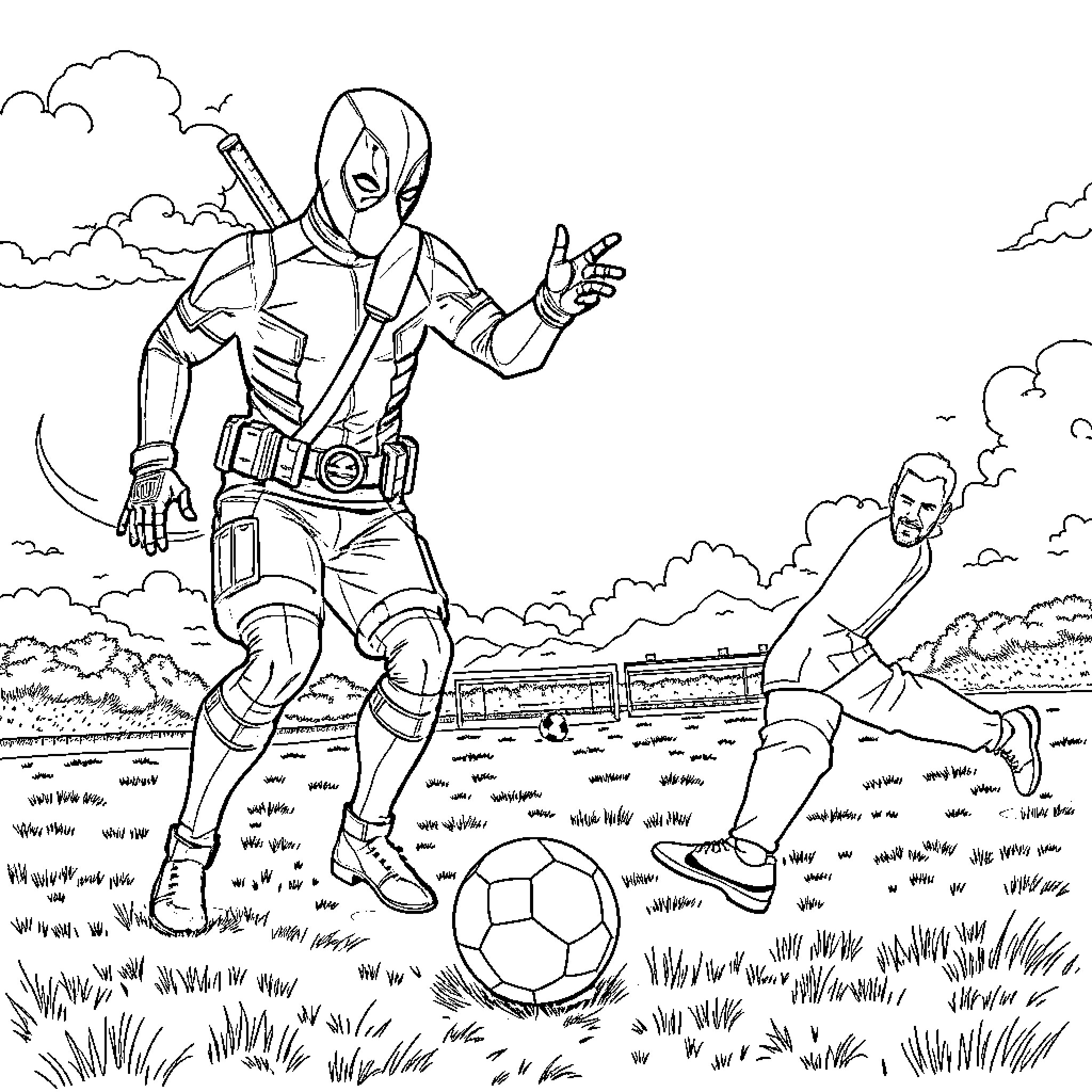 Deadpool playing soccer with a person in a field Coloring Page (free black-and-white line drawing printable PDF for all, from beginners to advanced learners, including children, teens, adults, and seniors)