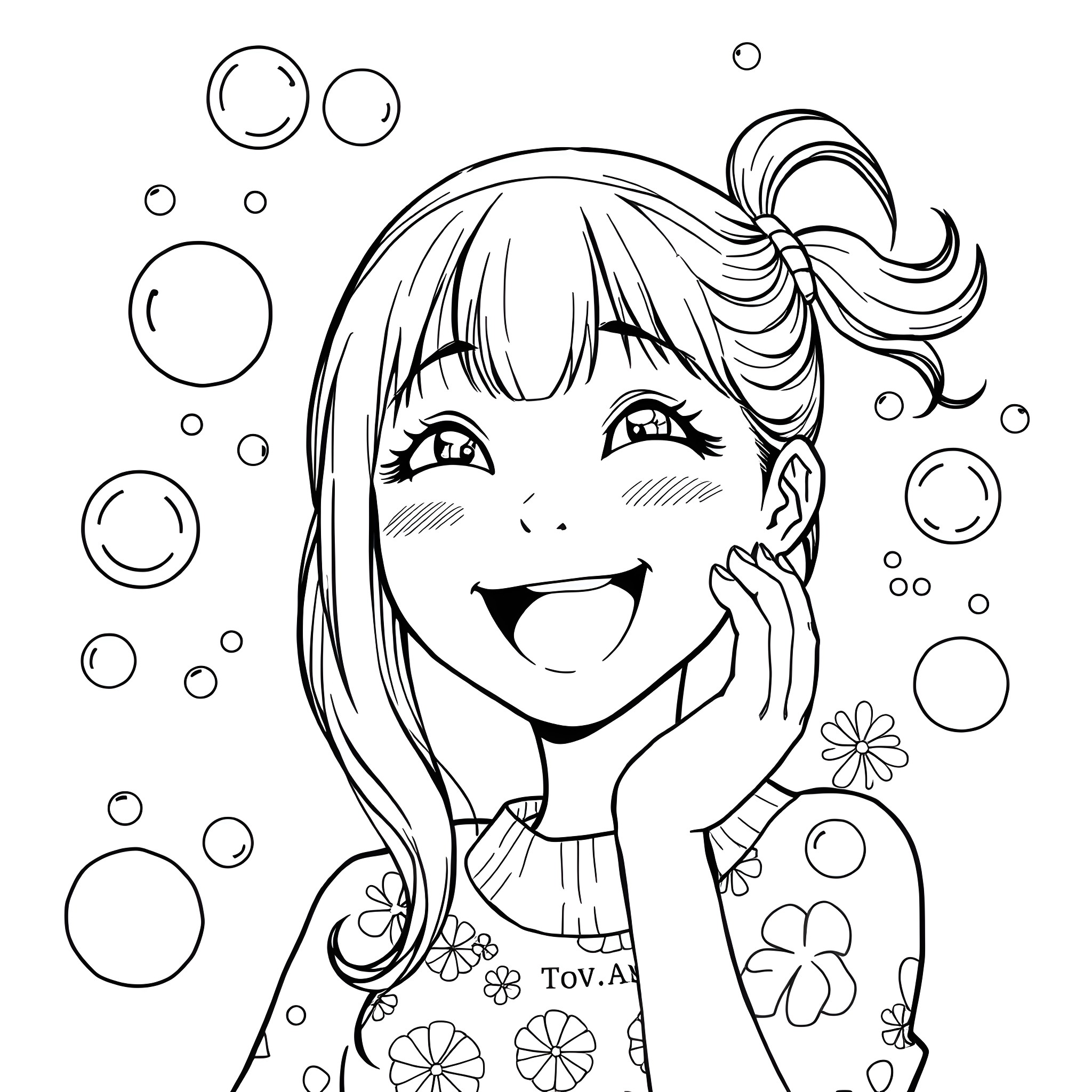 Marin Kitagawa joyfully surrounded by bubbles Coloring Page (free black-and-white line drawing printable PDF for all, from beginners to advanced learners, including children, teens, adults, and seniors)