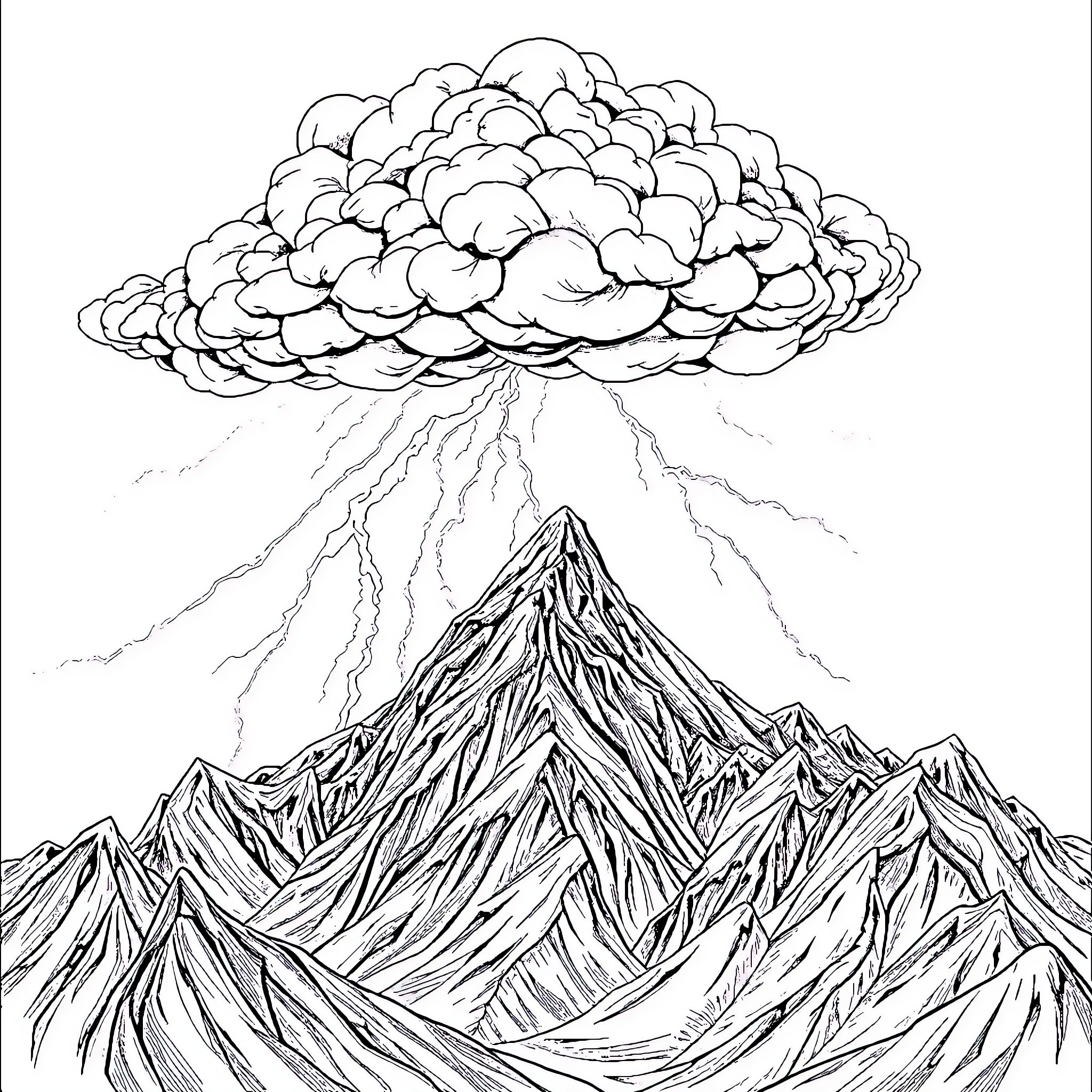 Mountain landscape with thunderstorm clouds Coloring Page (free black-and-white line drawing printable PDF for all, from beginners to advanced learners, including children, teens, adults, and seniors)