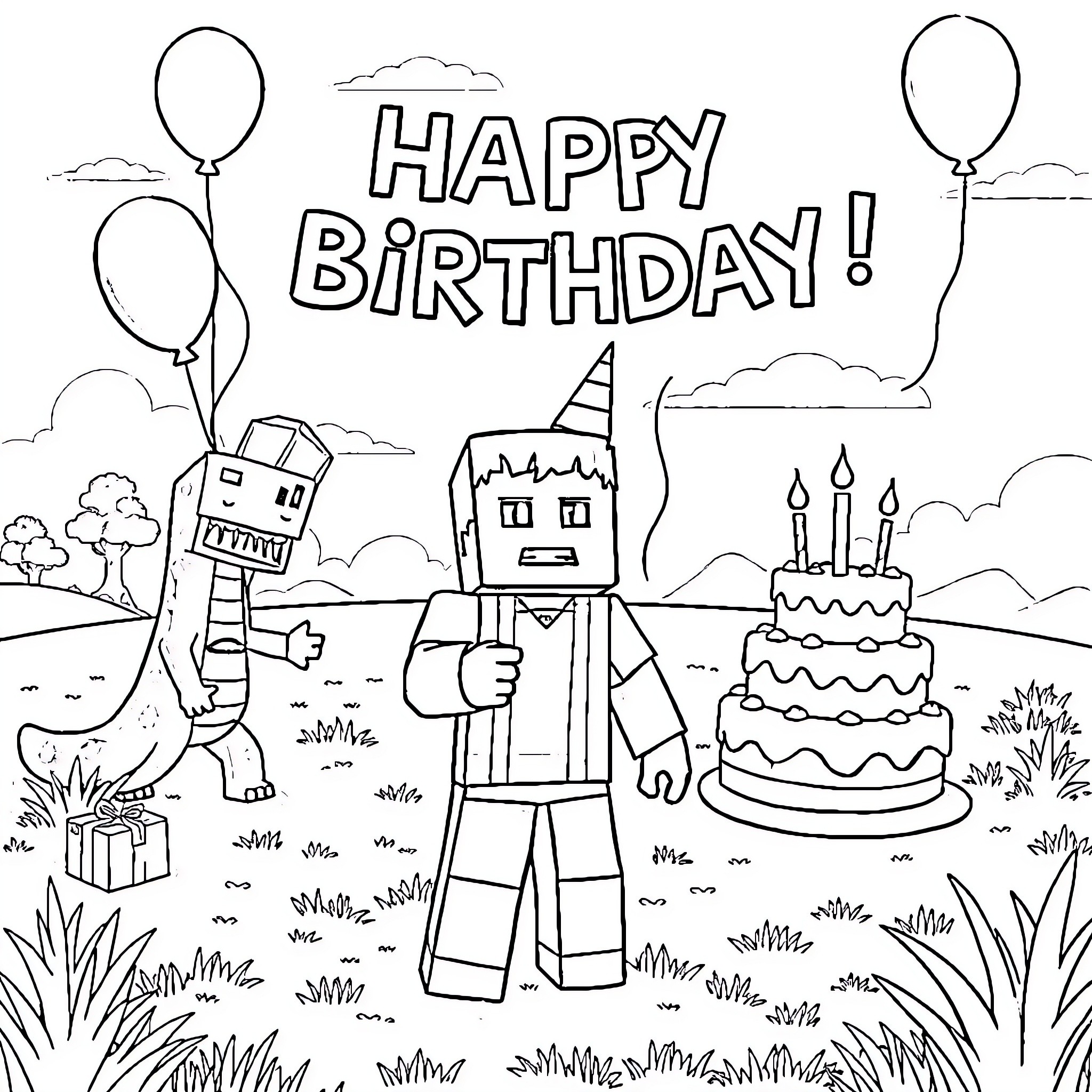Steve's happy birthday celebration with robot and cake Coloring Page (free black-and-white line drawing printable PDF for all, from beginners to advanced learners, including children, teens, adults, and seniors)