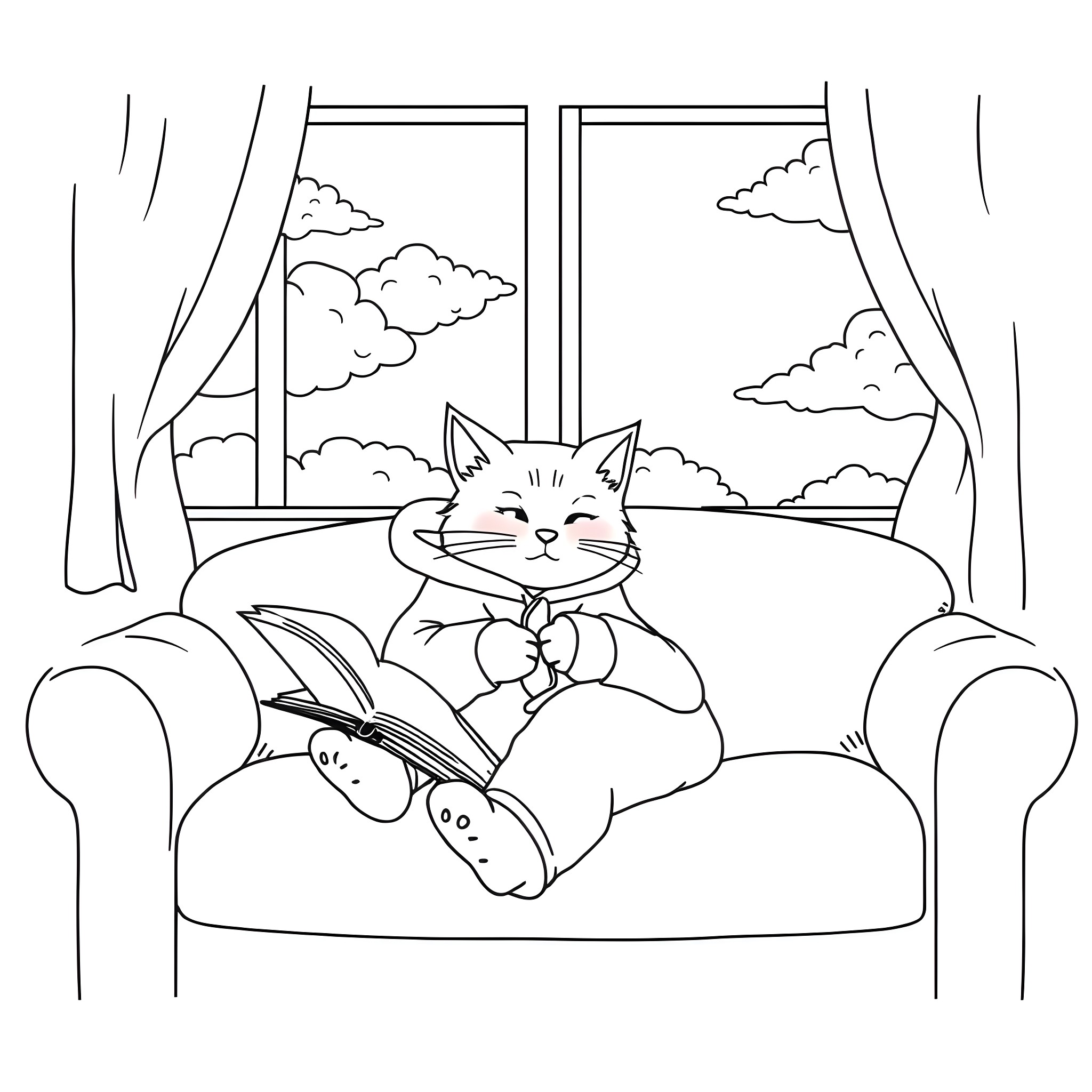 Cat reading a book comfortably on the couch Coloring Page (free black-and-white line drawing printable PDF for all, from beginners to advanced learners, including children, teens, adults, and seniors)