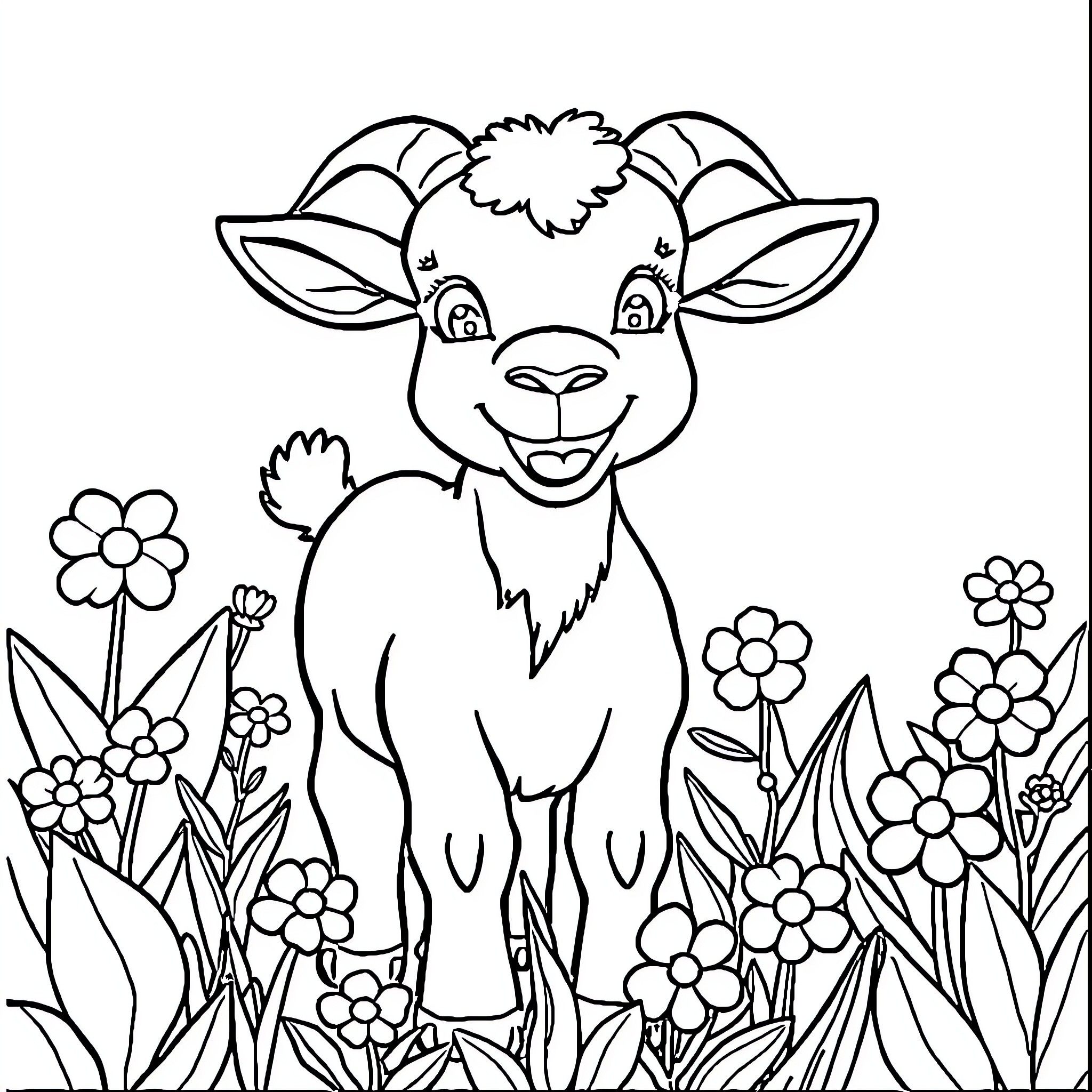 Goat surrounded by blooming flowers Coloring Page (free black-and-white line drawing printable PDF for all, from beginners to advanced learners, including children, teens, adults, and seniors)