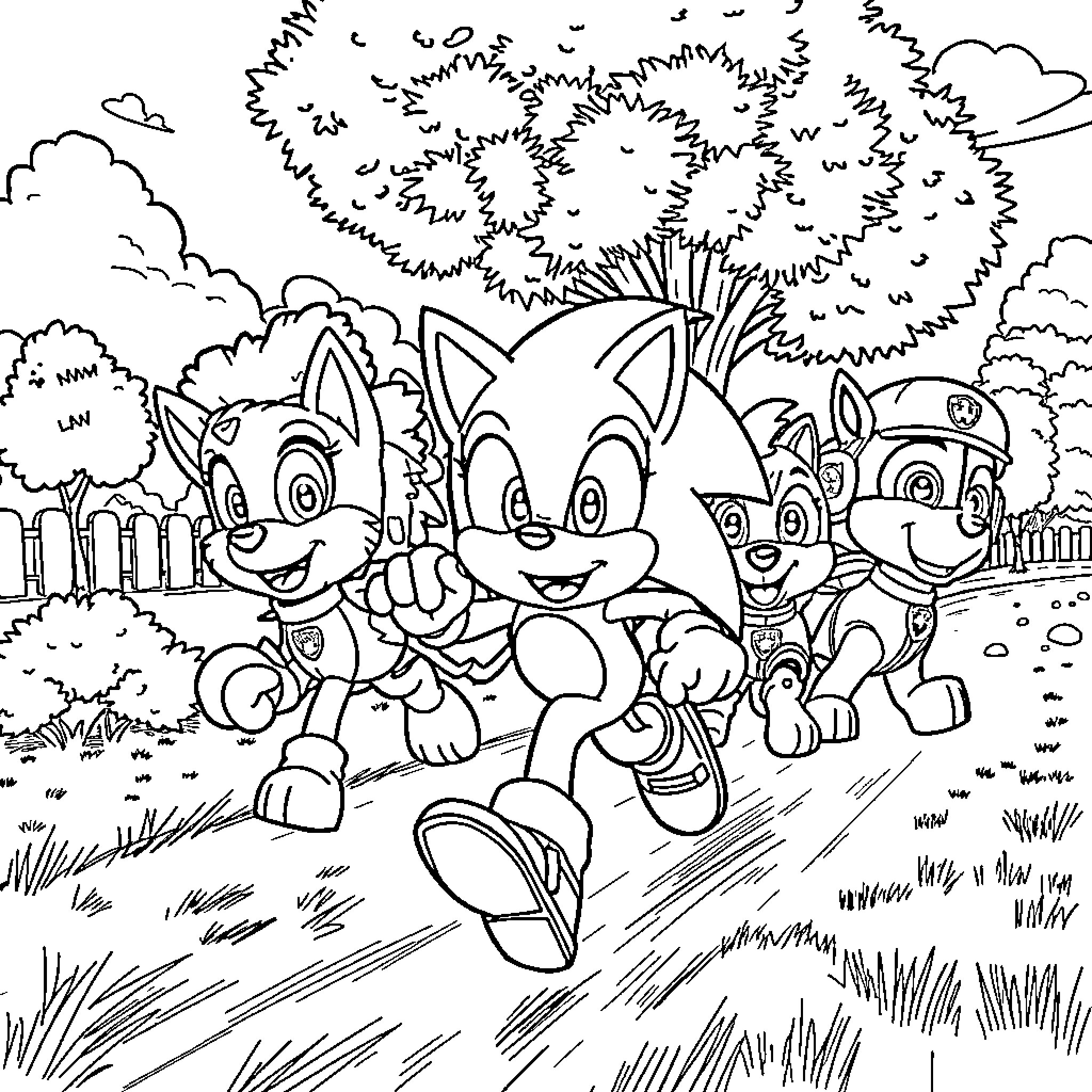 Sonic characters playing in a lush outdoor scene Coloring Page (free black-and-white line drawing printable PDF for all, from beginners to advanced learners, including children, teens, adults, and seniors)