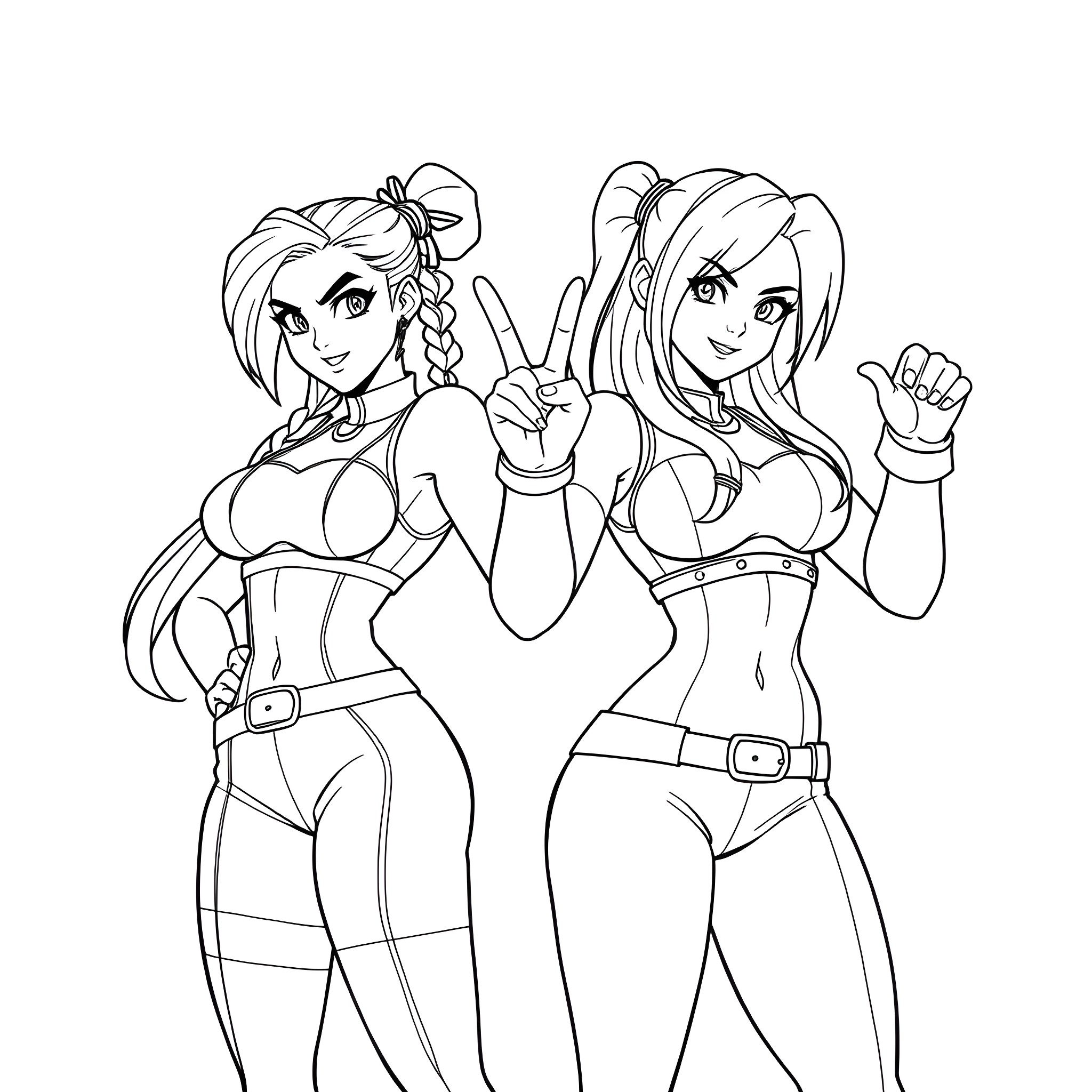 Chun Li and friend in action poses Coloring Page (free black-and-white line drawing printable PDF for all, from beginners to advanced learners, including children, teens, adults, and seniors)