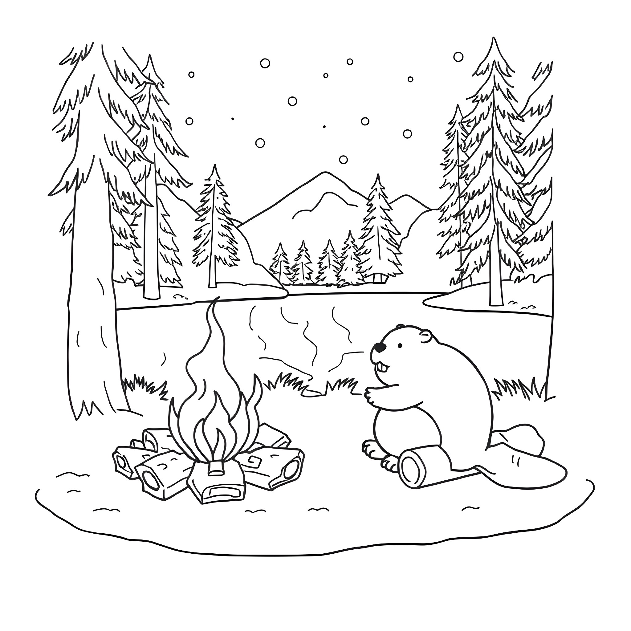 Beaver enjoying a cozy campfire in the snowy forest Coloring Page (free black-and-white line drawing printable PDF for all, from beginners to advanced learners, including children, teens, adults, and seniors)