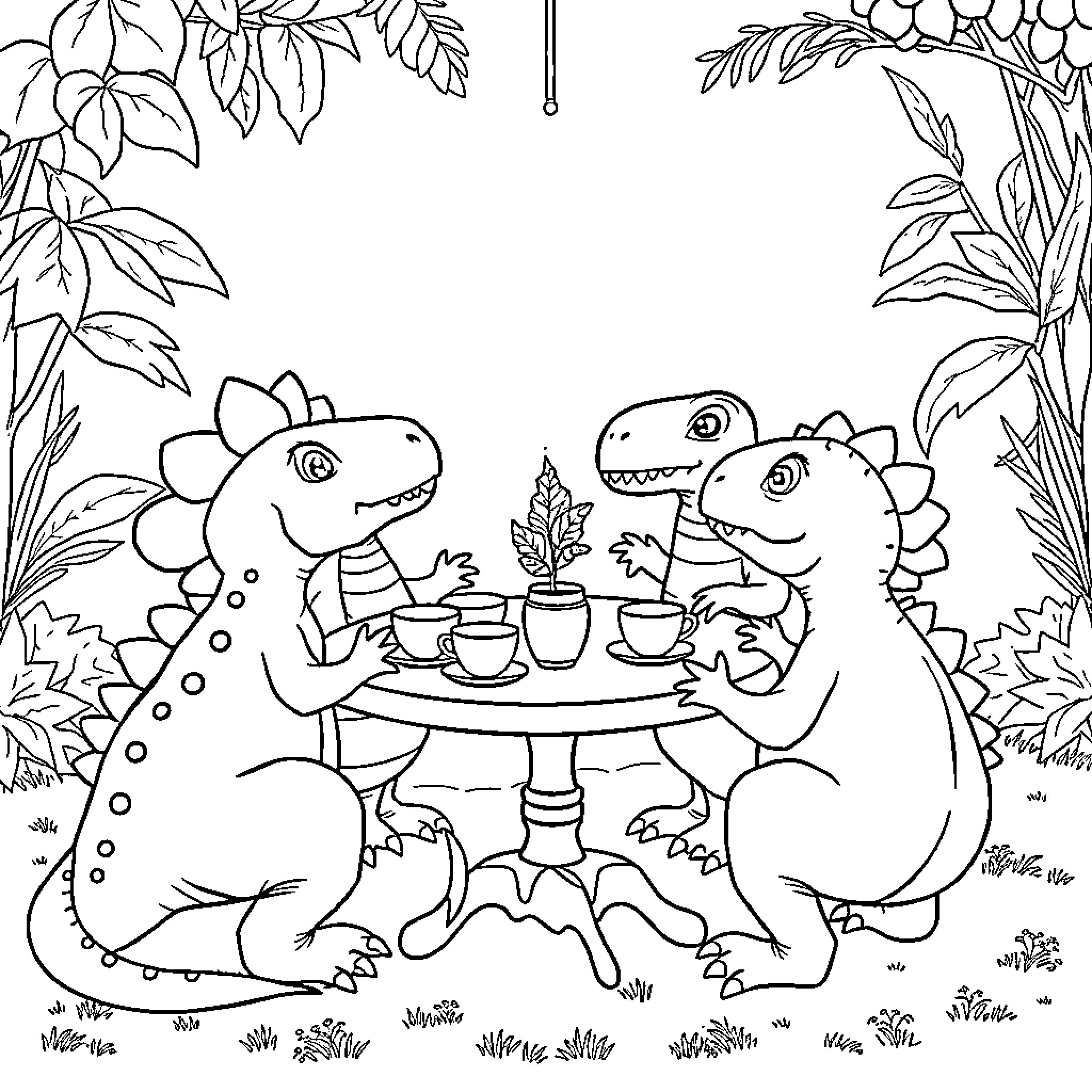 Dinosaurs enjoying a peaceful tea time in the forest Coloring Page (free black-and-white line drawing printable PDF for all, from beginners to advanced learners, including children, teens, adults, and seniors)
