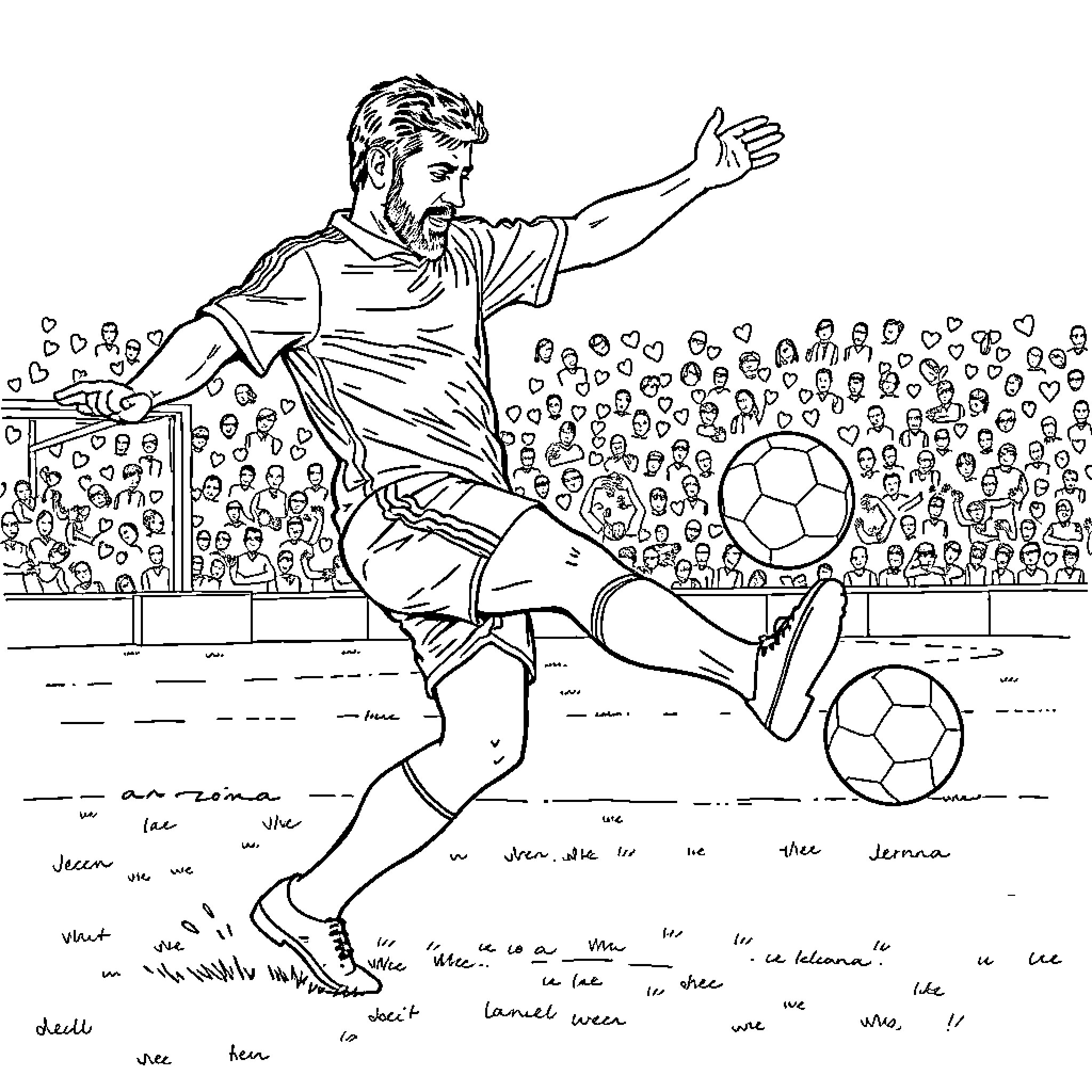 Cantona performing athletic soccer moves on the field Coloring Page (free black-and-white line drawing printable PDF for all, from beginners to advanced learners, including children, teens, adults, and seniors)