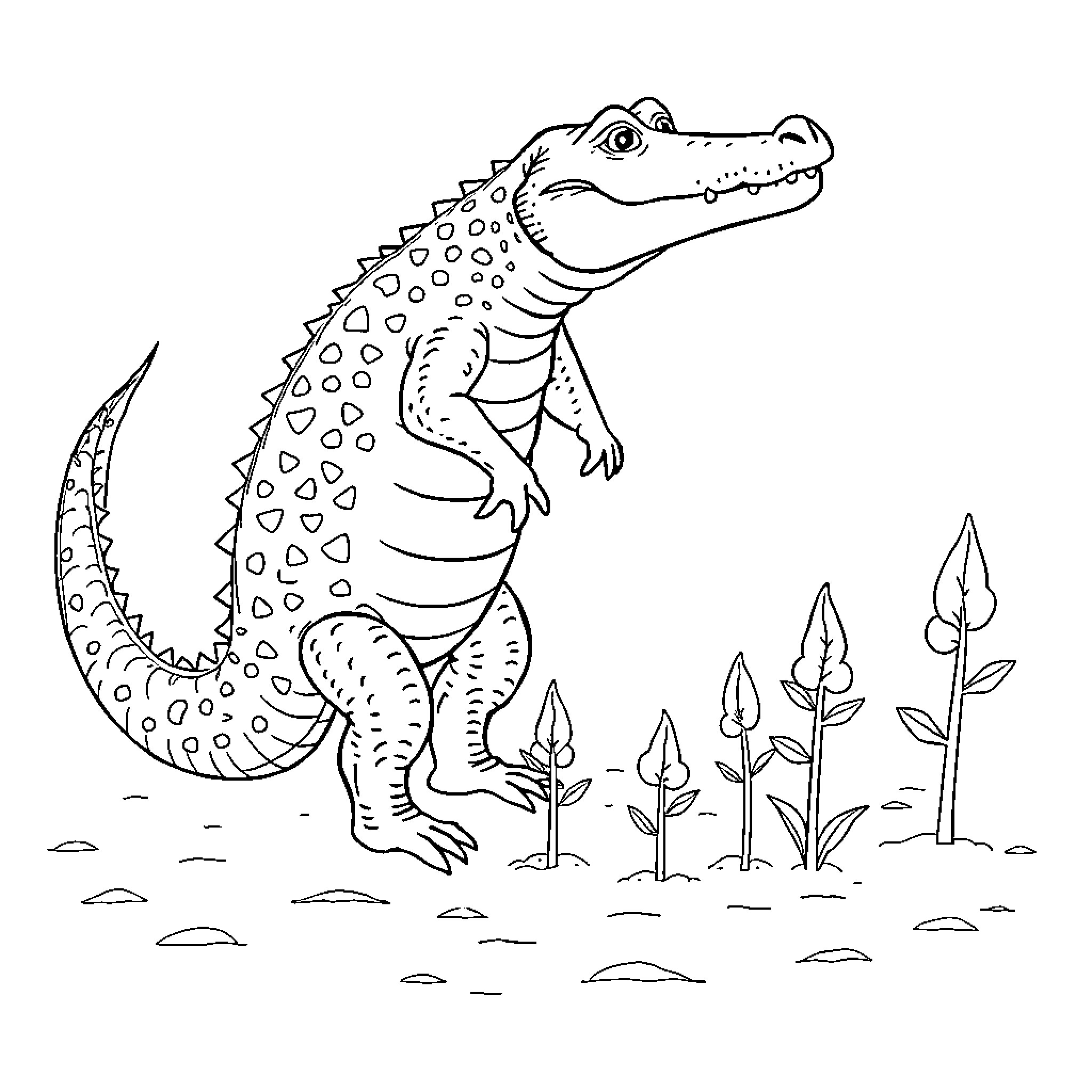 Alligator standing among plants Coloring Page (free black-and-white line drawing printable PDF for all, from beginners to advanced learners, including children, teens, adults, and seniors)