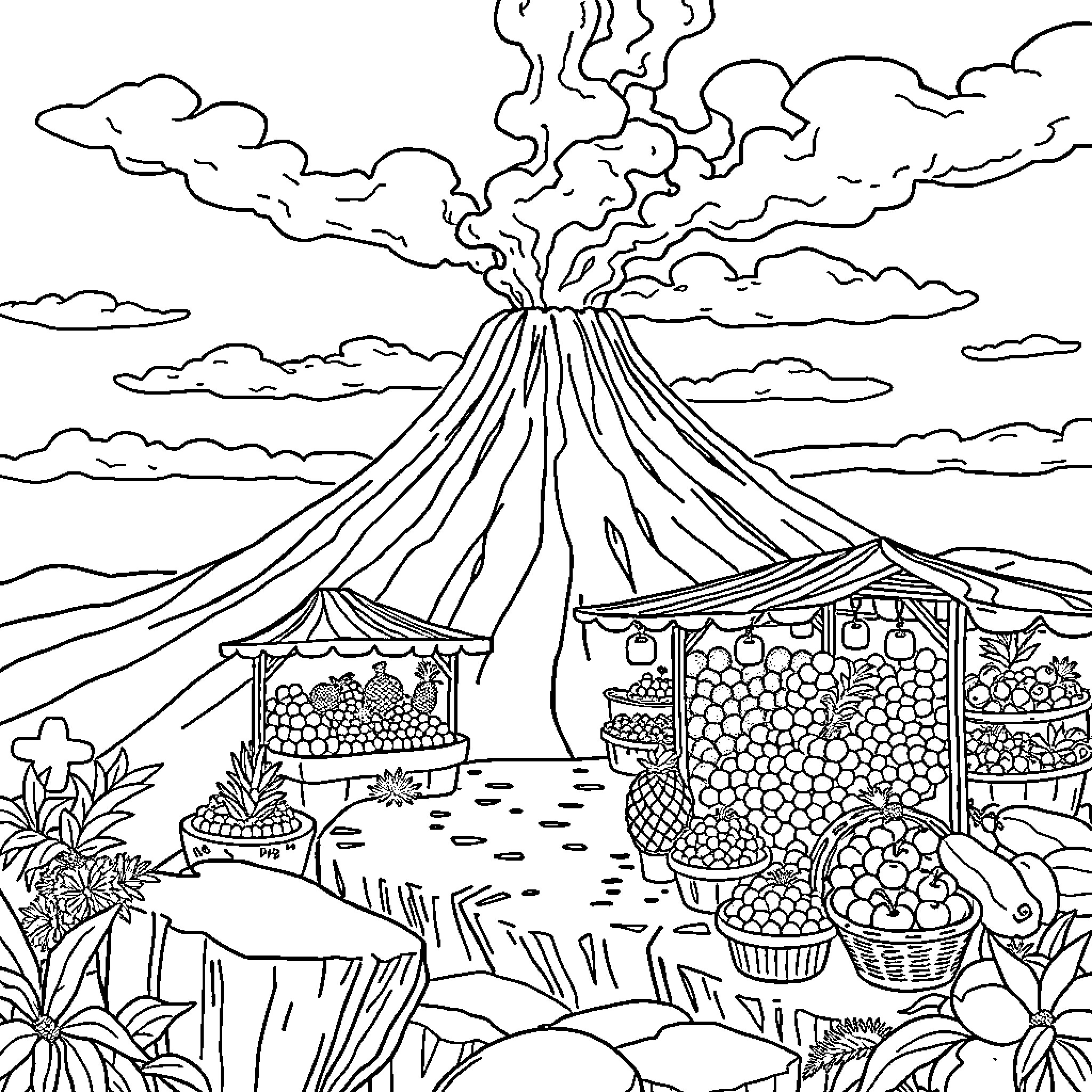 Fruitier Market Beneath Erupting Volcano Coloring Page (free black-and-white line drawing printable PDF for all, from beginners to advanced learners, including children, teens, adults, and seniors)
