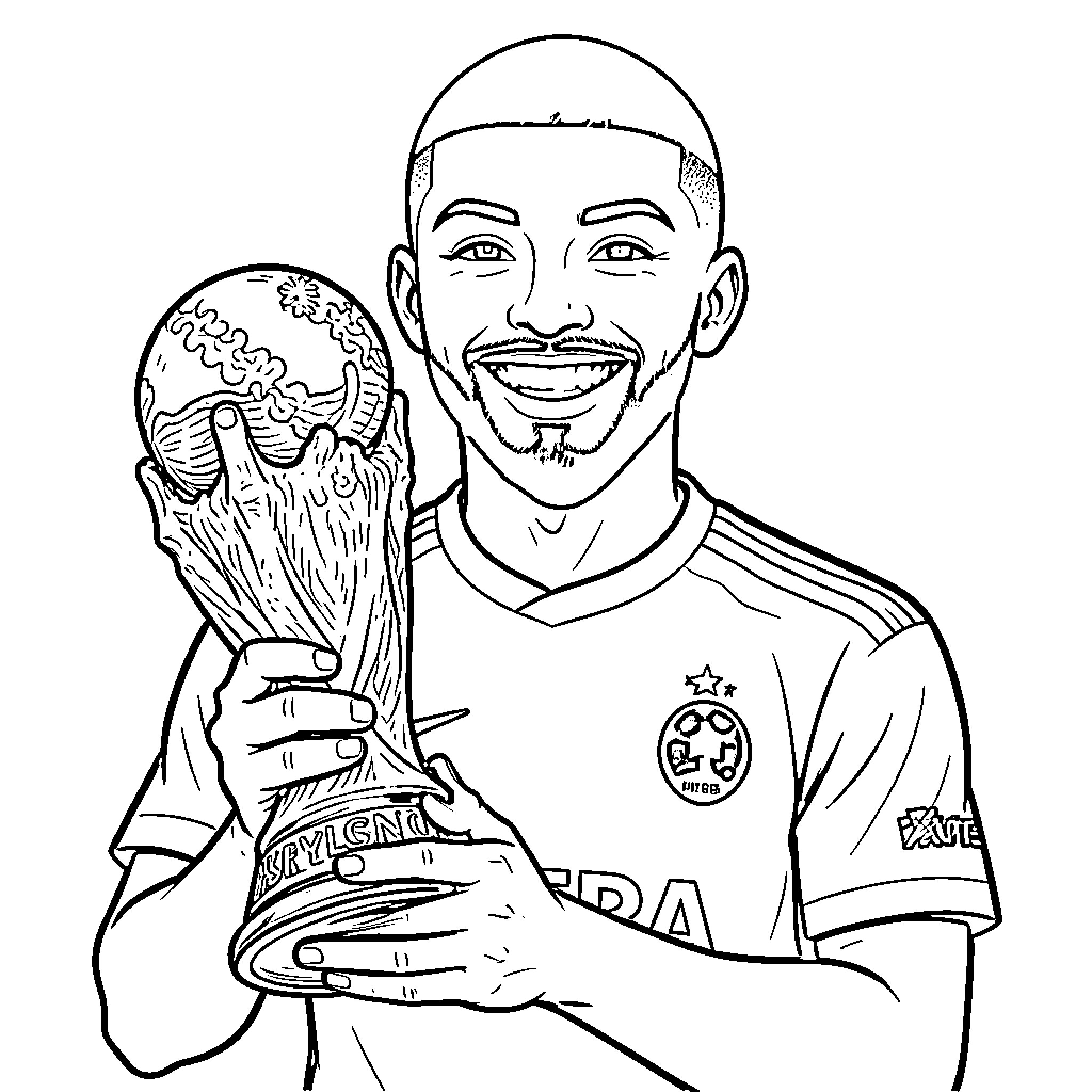 Mbappe smiling while holding a large trophy Coloring Page (free black-and-white line drawing printable PDF for all, from beginners to advanced learners, including children, teens, adults, and seniors)