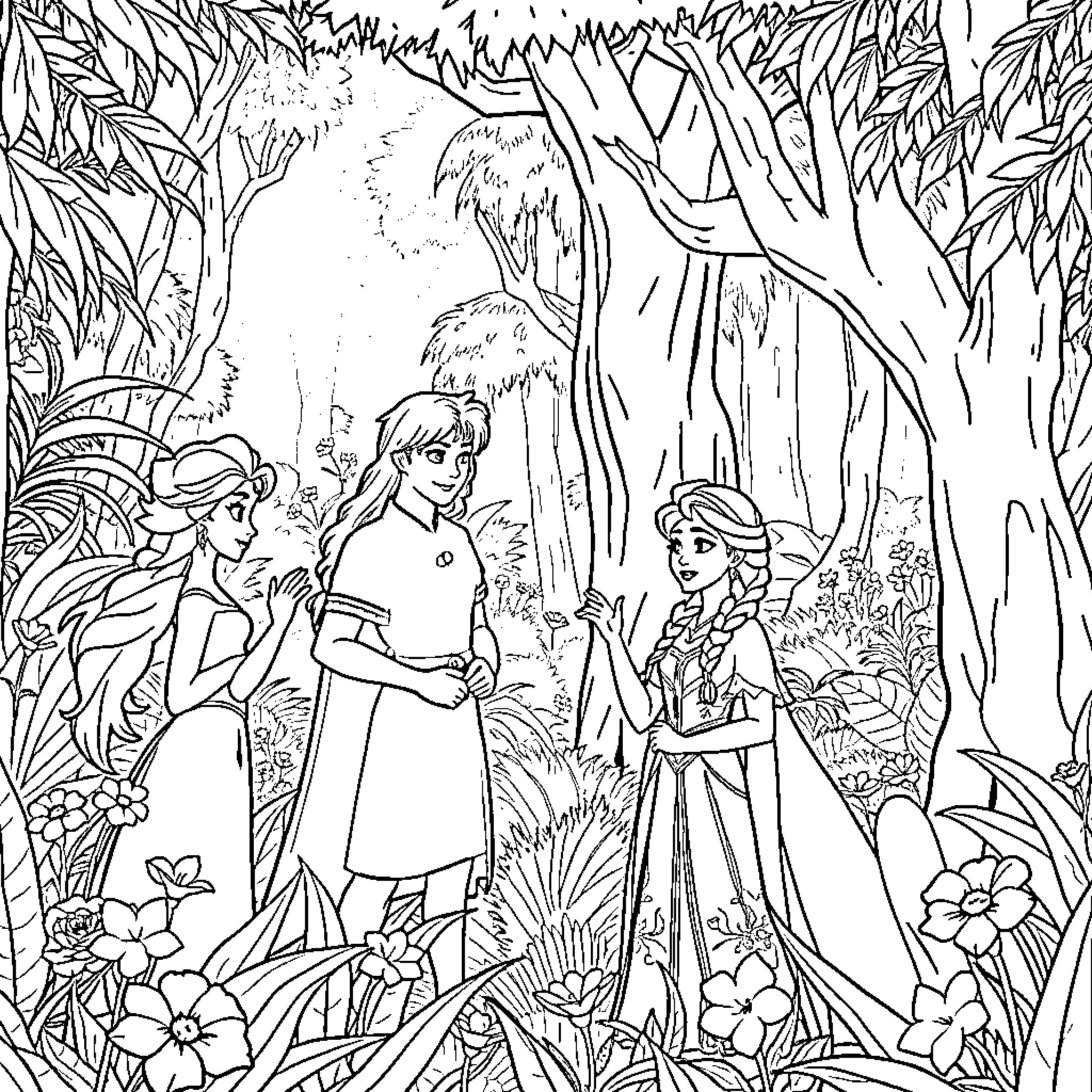 Tarzan exploring the jungle with friends Coloring Page (free black-and-white line drawing printable PDF for all, from beginners to advanced learners, including children, teens, adults, and seniors)
