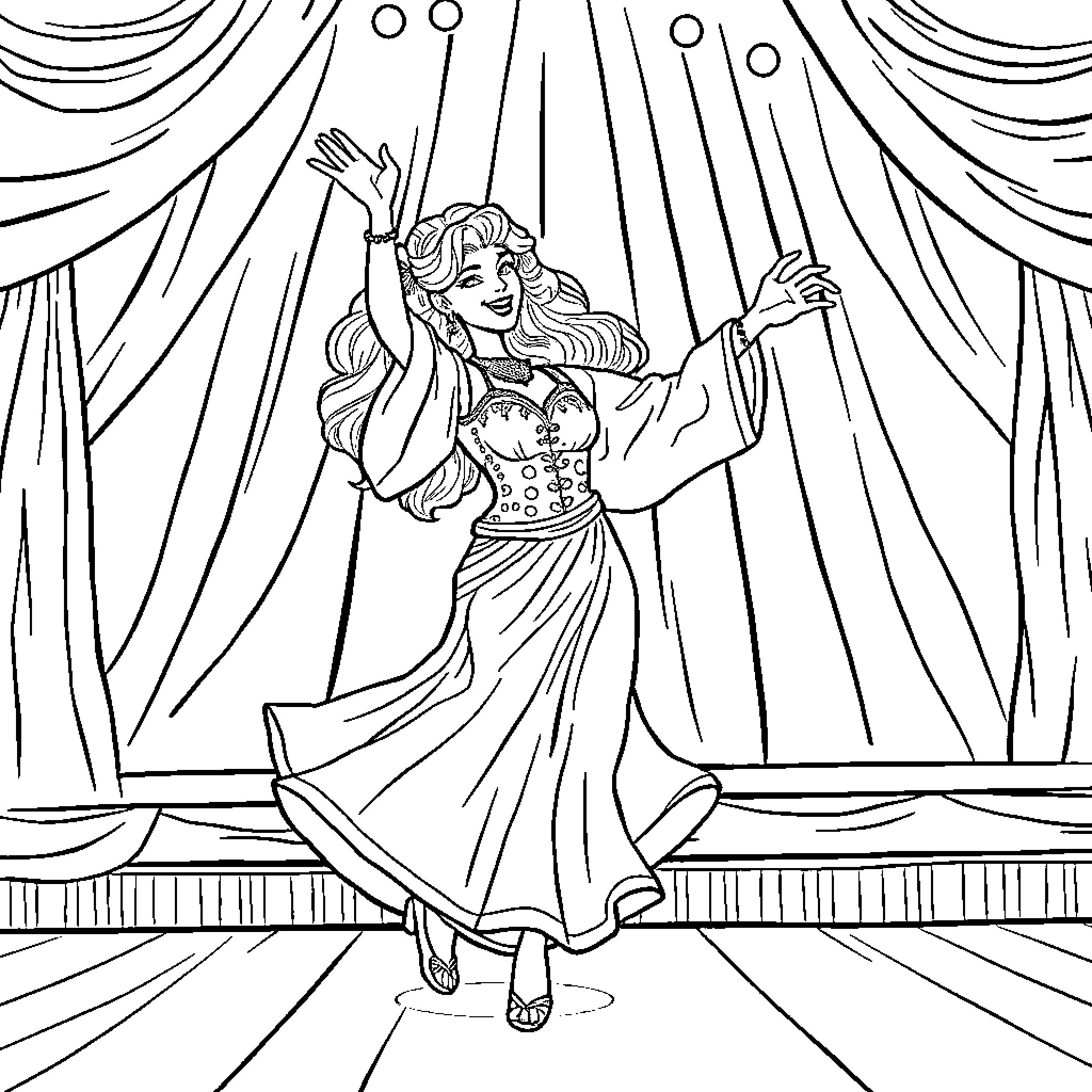 Rumi's Graceful Dance on the Stage Coloring Page (free black-and-white line drawing printable PDF for all, from beginners to advanced learners, including children, teens, adults, and seniors)
