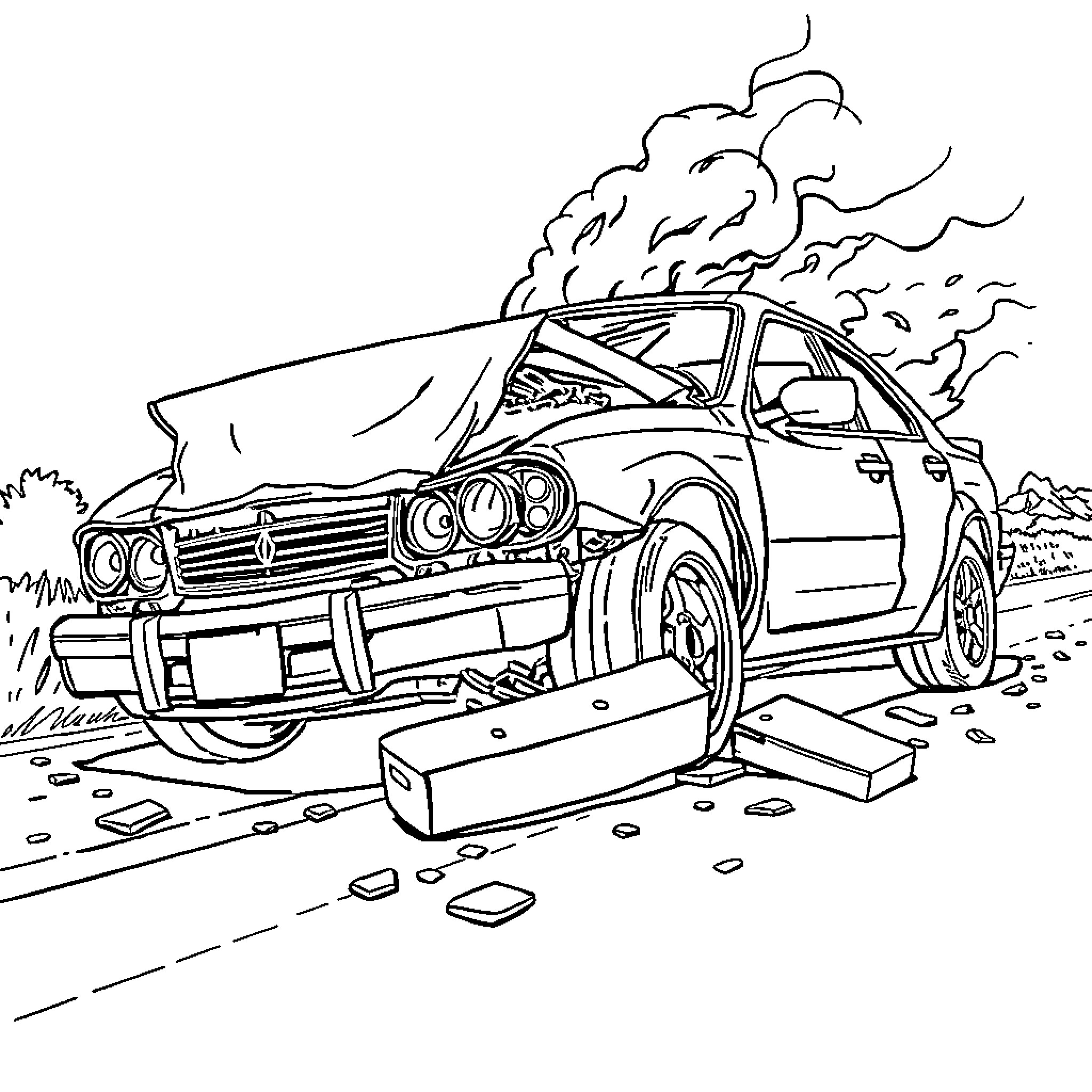 Car in a Dramatic Accident Scene Coloring Page (free black-and-white line drawing printable PDF for all, from beginners to advanced learners, including children, teens, adults, and seniors)