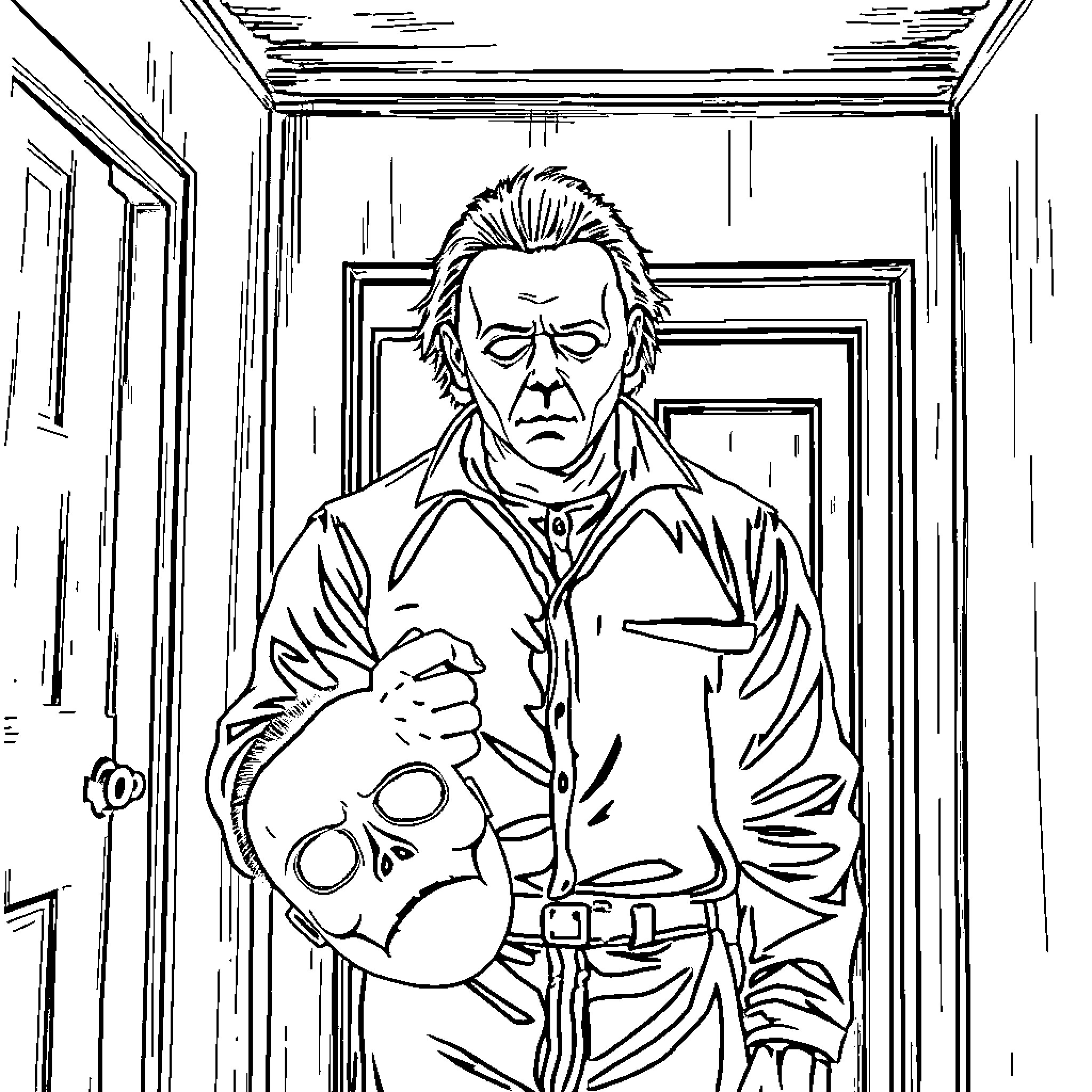Michael Myers stalking with a sinister expression Coloring Page (free black-and-white line drawing printable PDF for all, from beginners to advanced learners, including children, teens, adults, and seniors)
