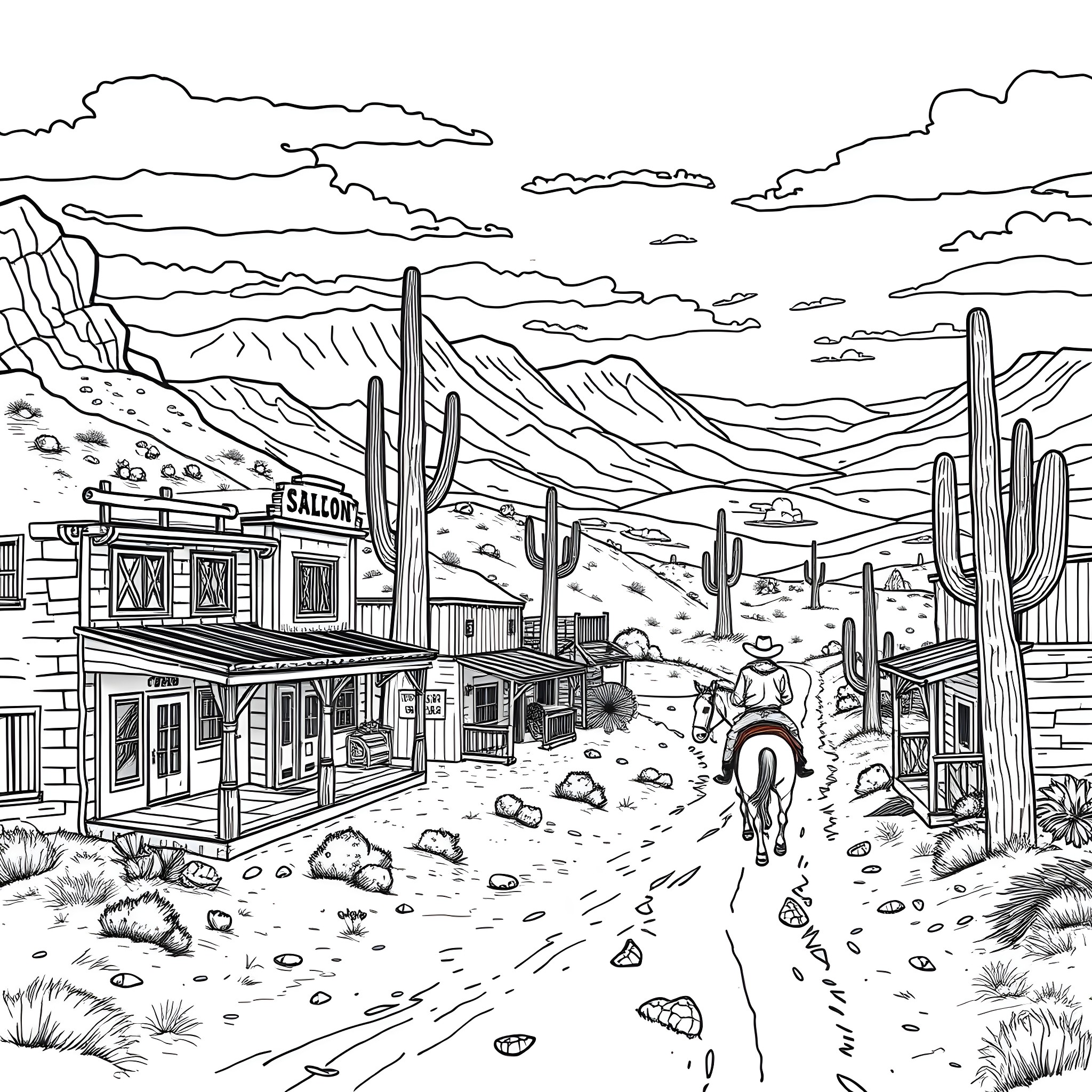 Wild West Frontier Town with Cowboy on Horseback Coloring Page (free black-and-white line drawing printable PDF for all, from beginners to advanced learners, including children, teens, adults, and seniors)
