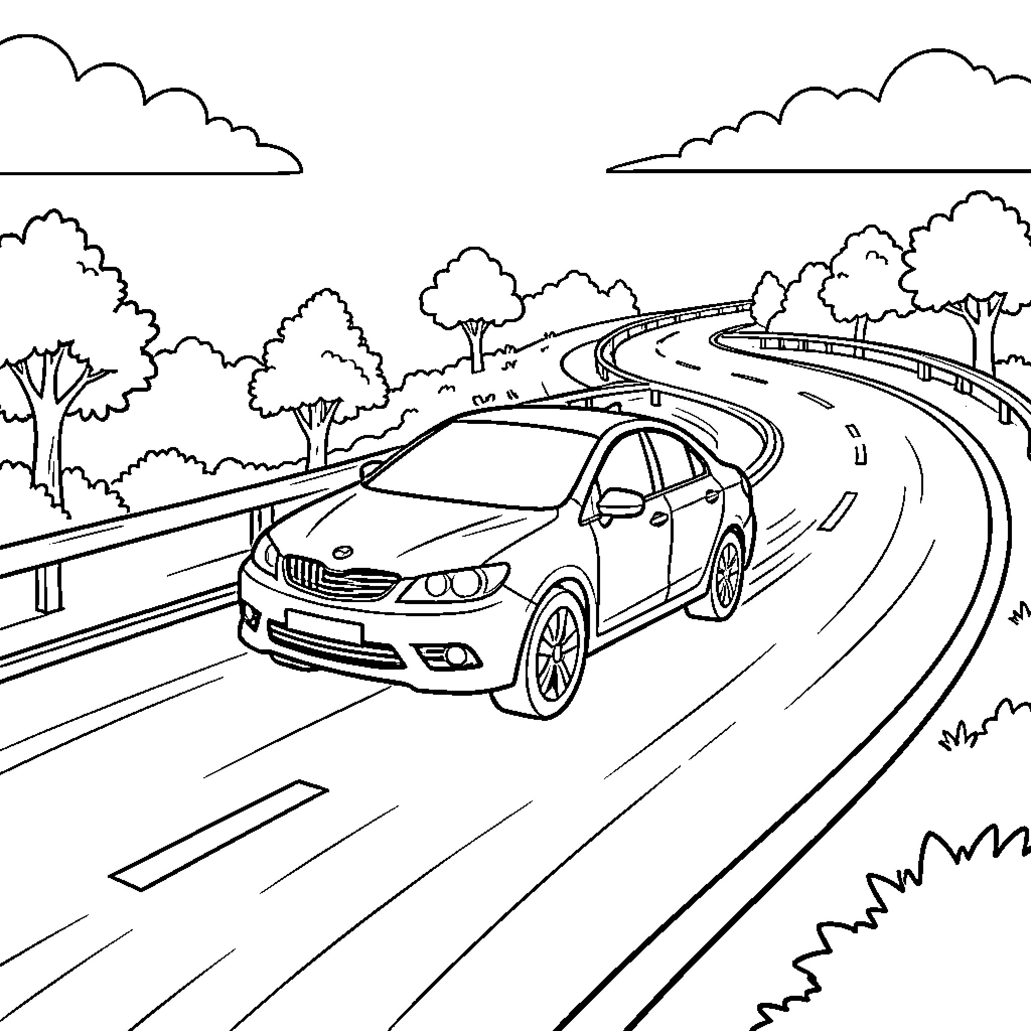 Car driving along a winding mountain road Coloring Page (free black-and-white line drawing printable PDF for all, from beginners to advanced learners, including children, teens, adults, and seniors)
