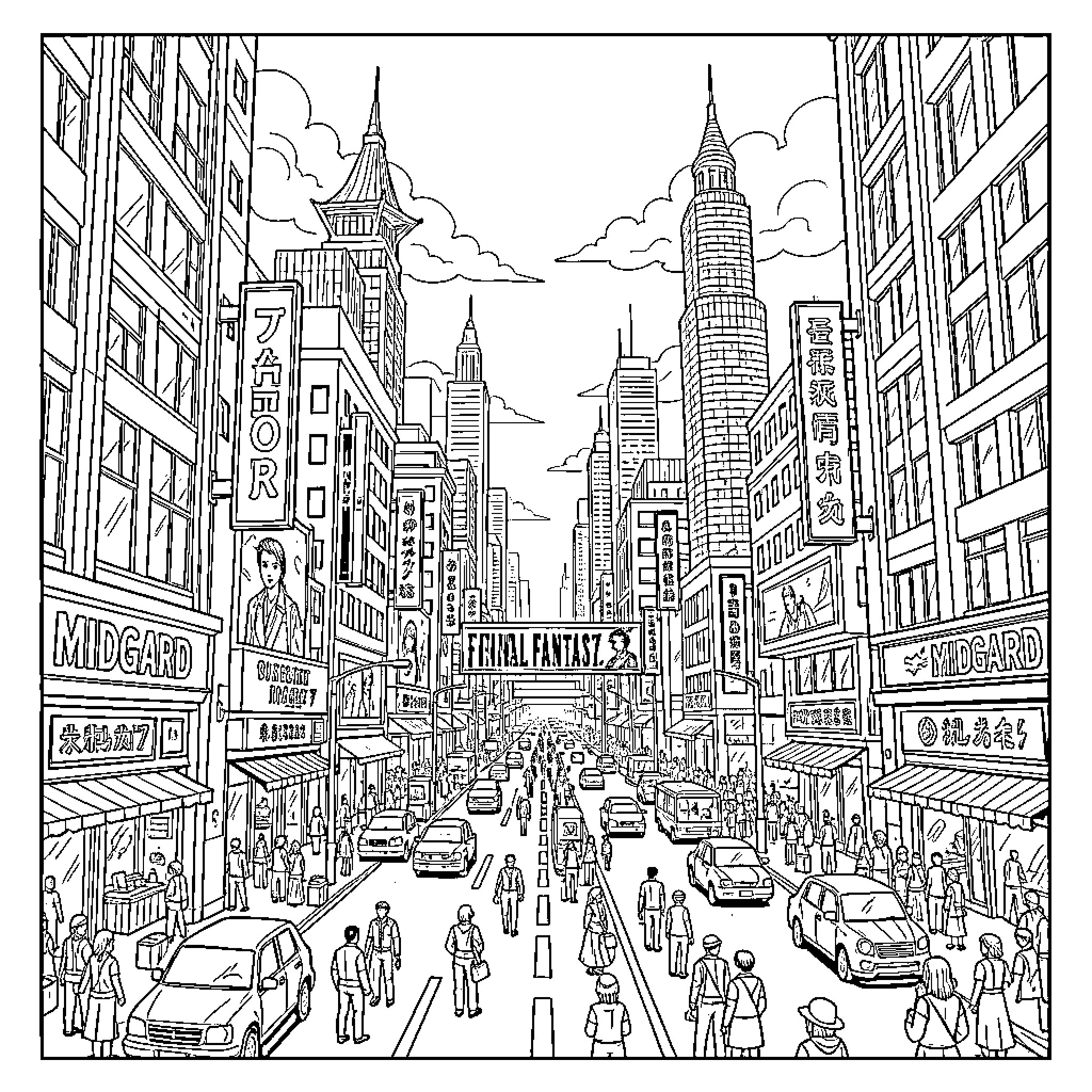 Midgard: Bustling City Scene with Skyscrapers and Pedestrians Coloring Page (free black-and-white line drawing printable PDF for all, from beginners to advanced learners, including children, teens, adults, and seniors)