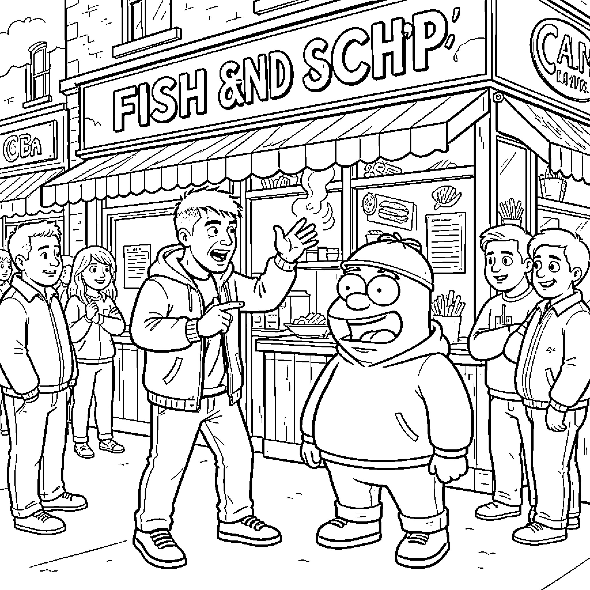Eminem interacting with characters in front of a fish shop Coloring Page (free black-and-white line drawing printable PDF for all, from beginners to advanced learners, including children, teens, adults, and seniors)