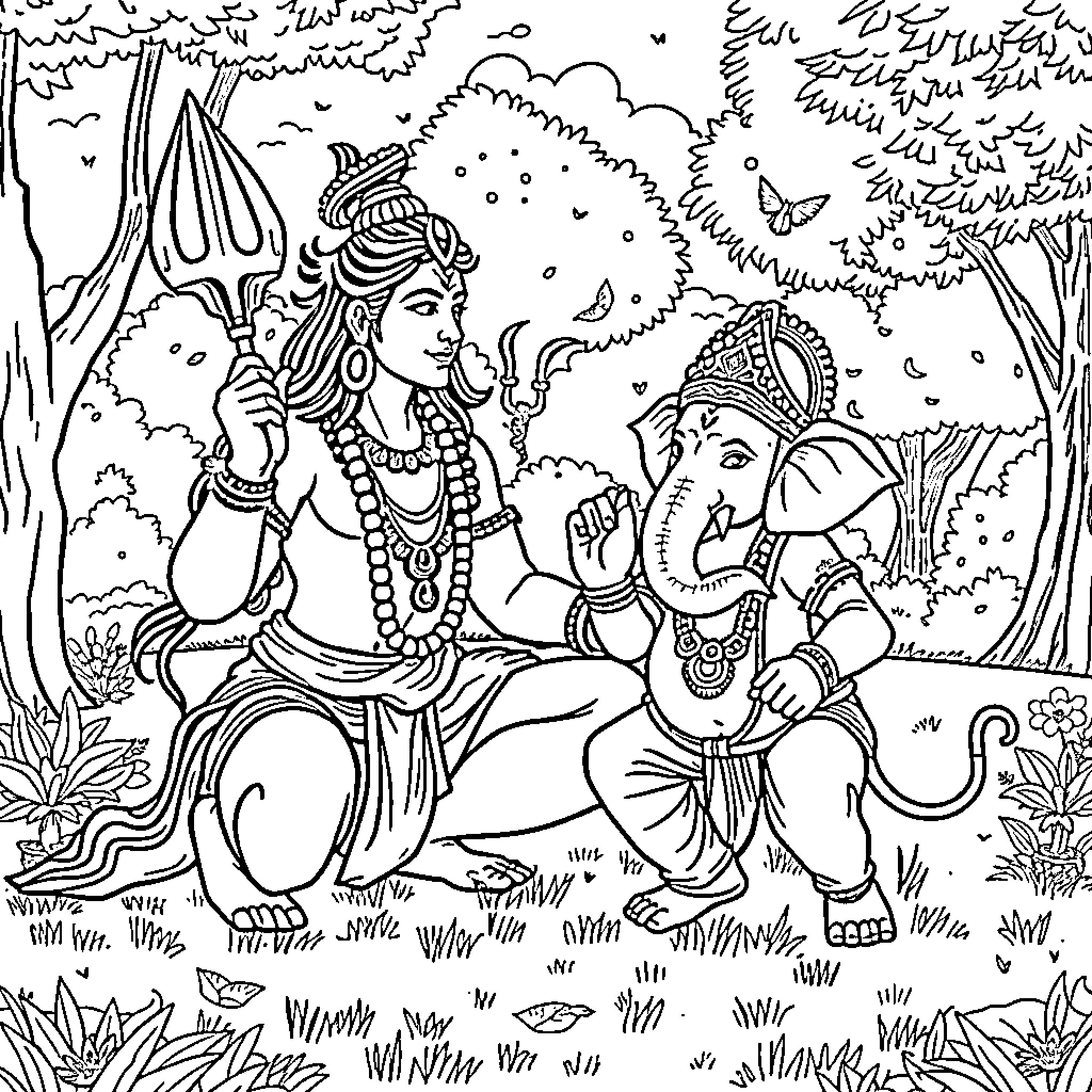 Shiva and Ganesha in mythical forest setting Coloring Page (free black-and-white line drawing printable PDF for all, from beginners to advanced learners, including children, teens, adults, and seniors)
