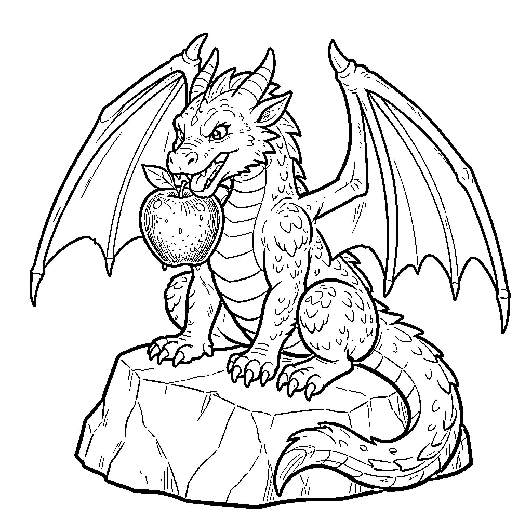 Dragon sitting on a rock eating an apple Coloring Page (free black-and-white line drawing printable PDF for all, from beginners to advanced learners, including children, teens, adults, and seniors)