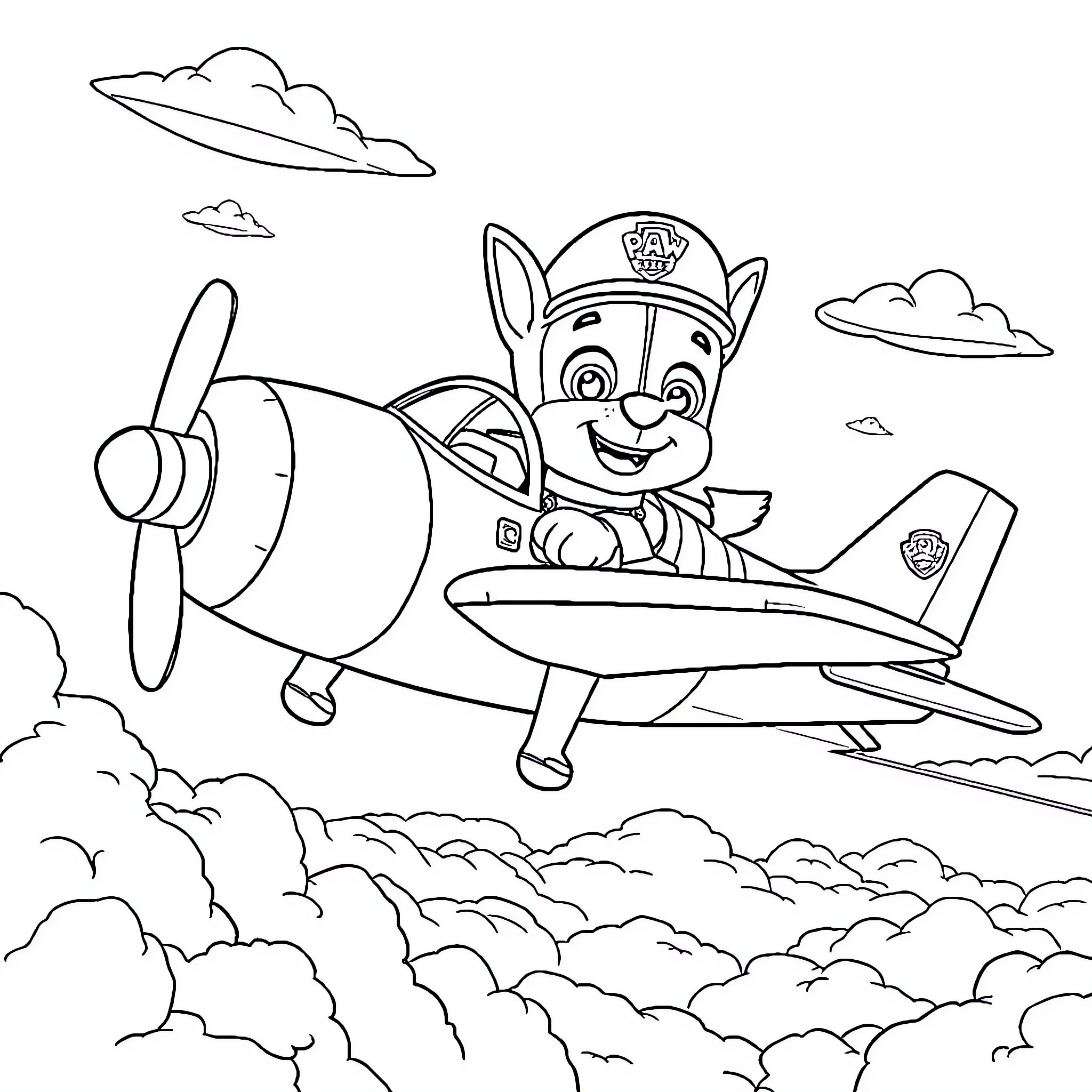 Chase the Pup Pilot in Airplane Adventure Coloring Page (free black-and-white line drawing printable PDF for all, from beginners to advanced learners, including children, teens, adults, and seniors)