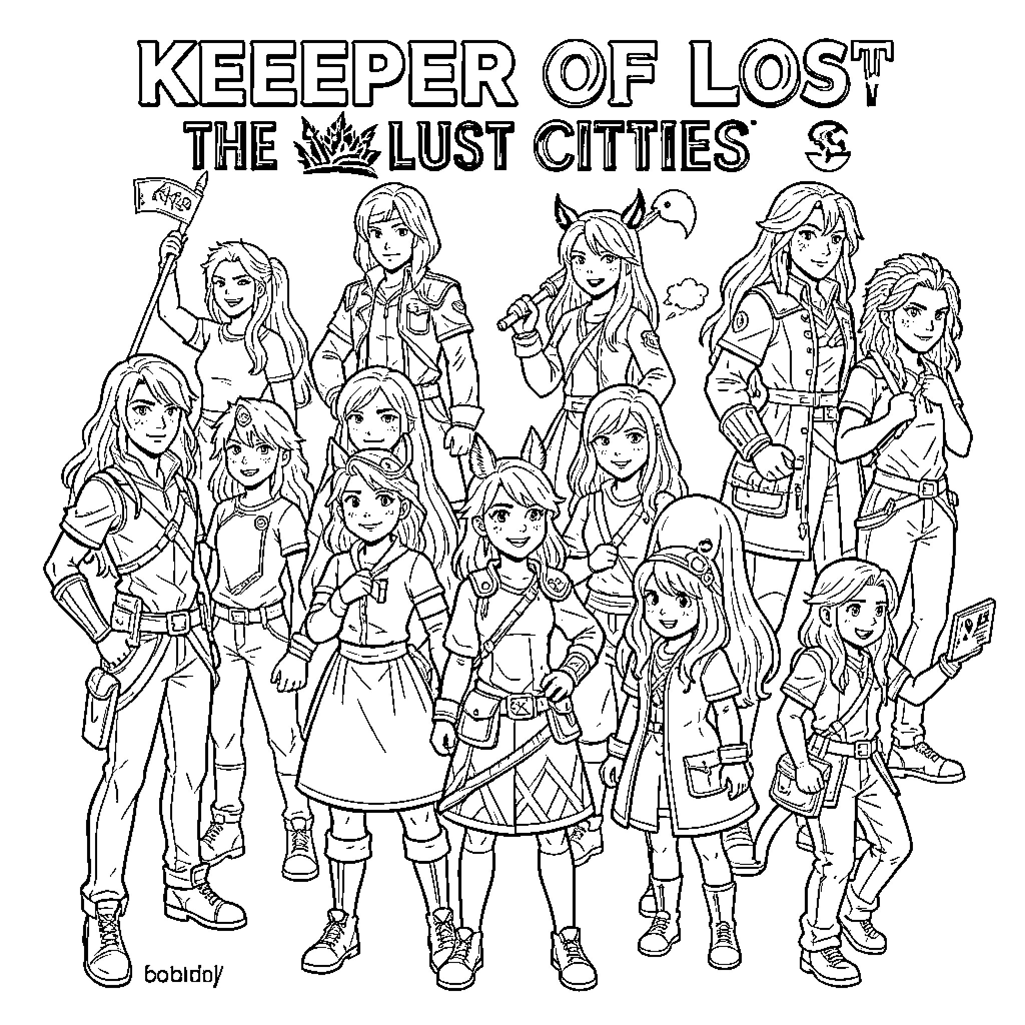 Keeper Of The Lost Cities characters posing together in group Coloring Page (free black-and-white line drawing printable PDF for all, from beginners to advanced learners, including children, teens, adults, and seniors)
