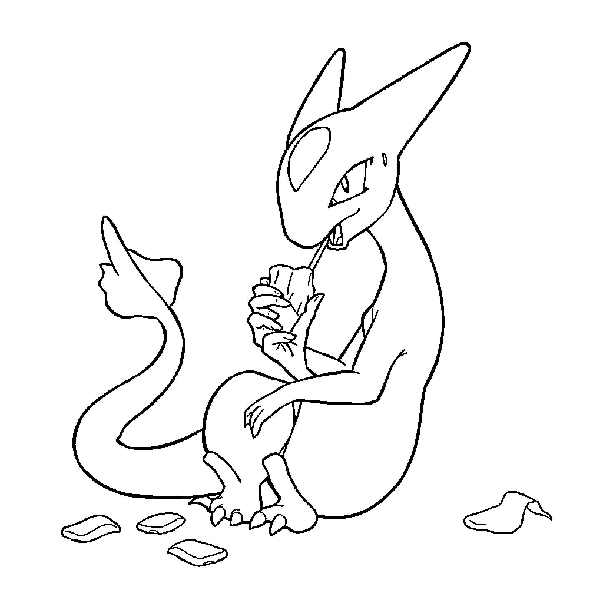 Mewtwo contemplating in a desolate environment Coloring Page (free black-and-white line drawing printable PDF for all, from beginners to advanced learners, including children, teens, adults, and seniors)