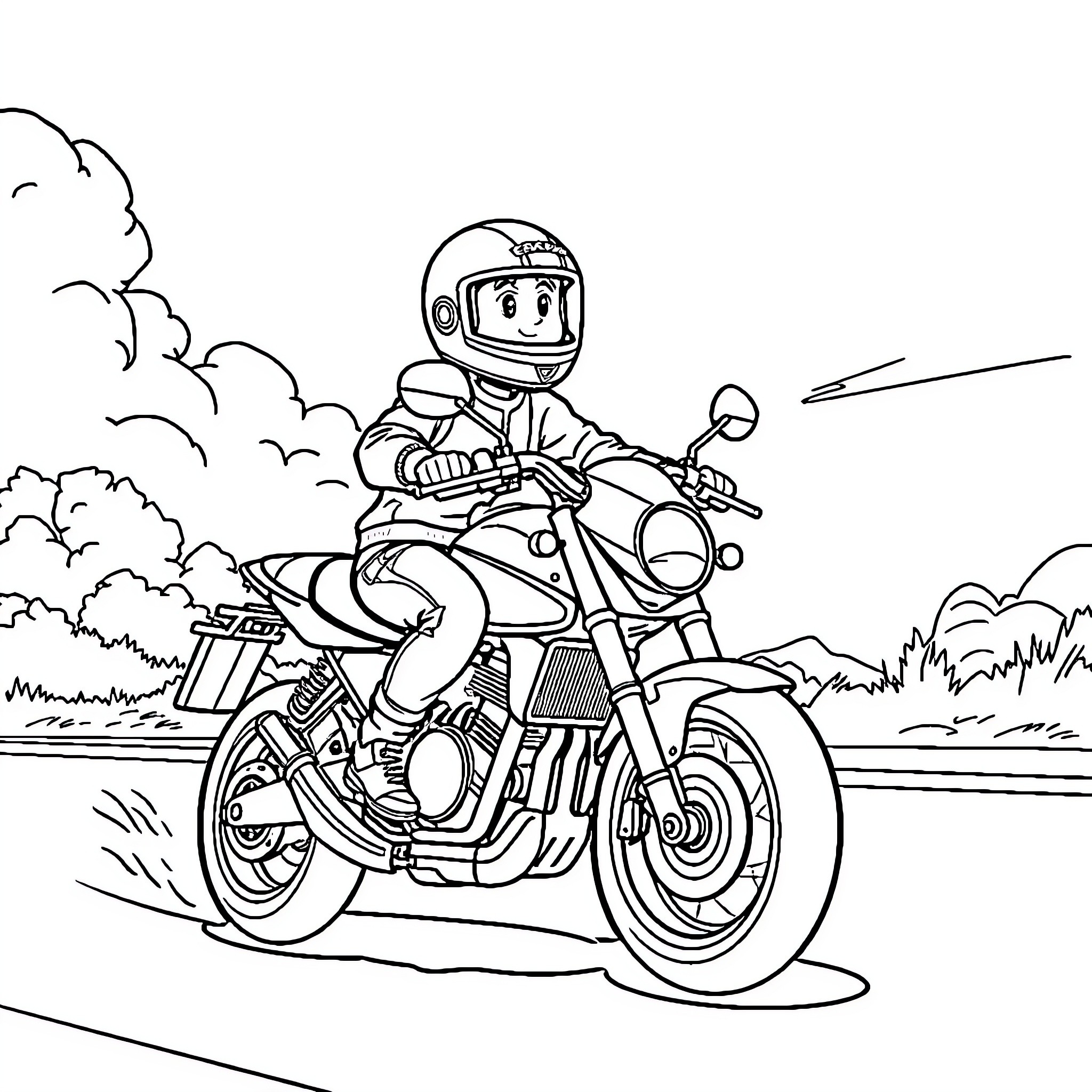 Boy riding motorcycle in countryside landscape Coloring Page (free black-and-white line drawing printable PDF for all, from beginners to advanced learners, including children, teens, adults, and seniors)