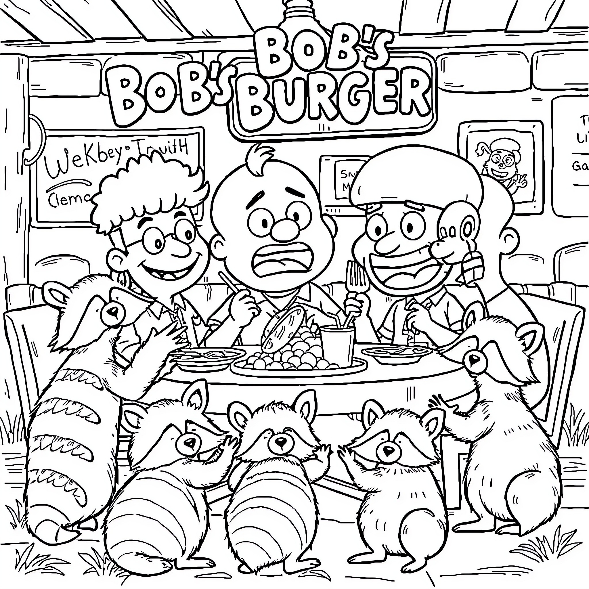 Bob's Burgers: Characters Enjoying Burgers and Interacting Coloring Page (free black-and-white line drawing printable PDF for all, from beginners to advanced learners, including children, teens, adults, and seniors)