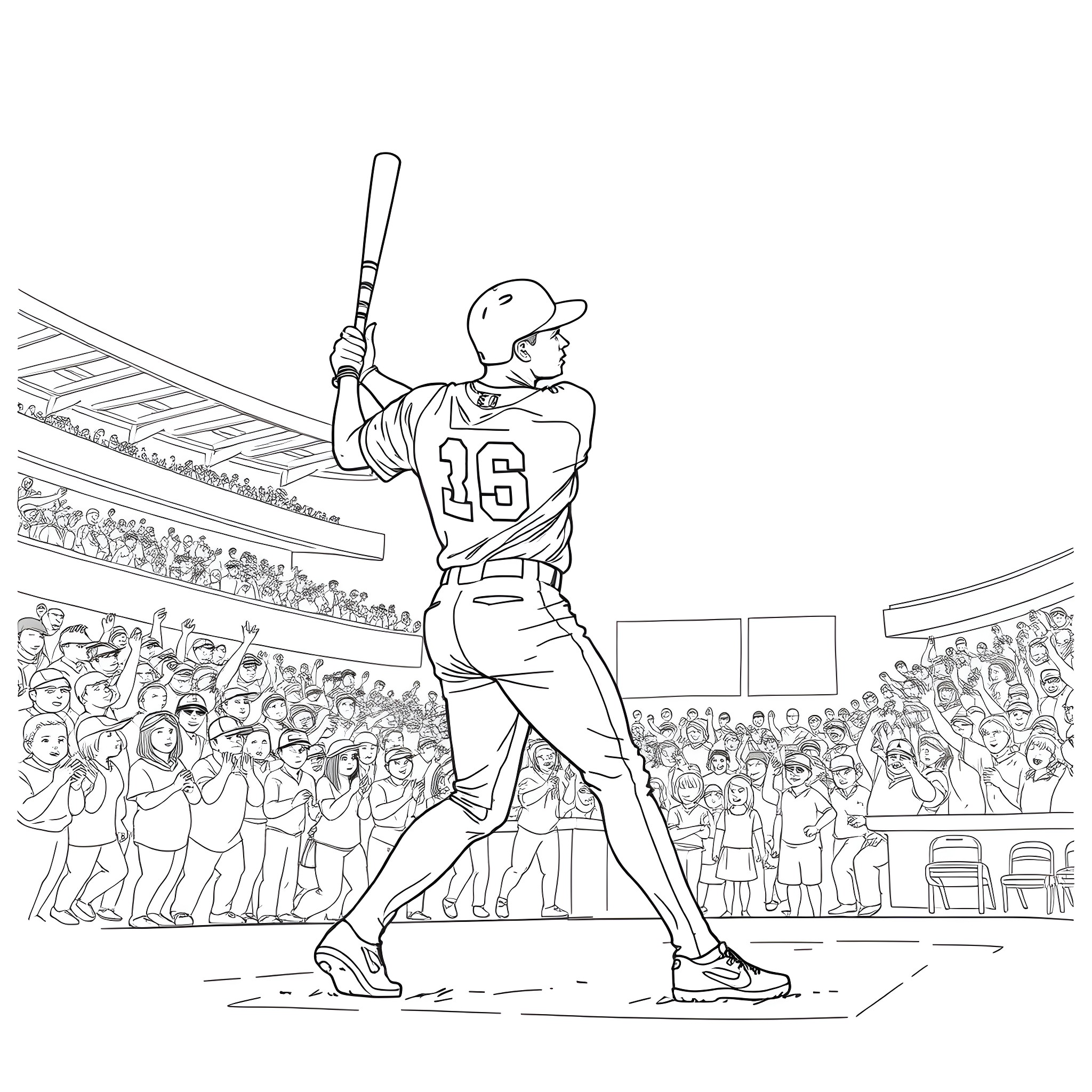 Ken Griffey Jr. batting in a baseball stadium Coloring Page (free black-and-white line drawing printable PDF for all, from beginners to advanced learners, including children, teens, adults, and seniors)