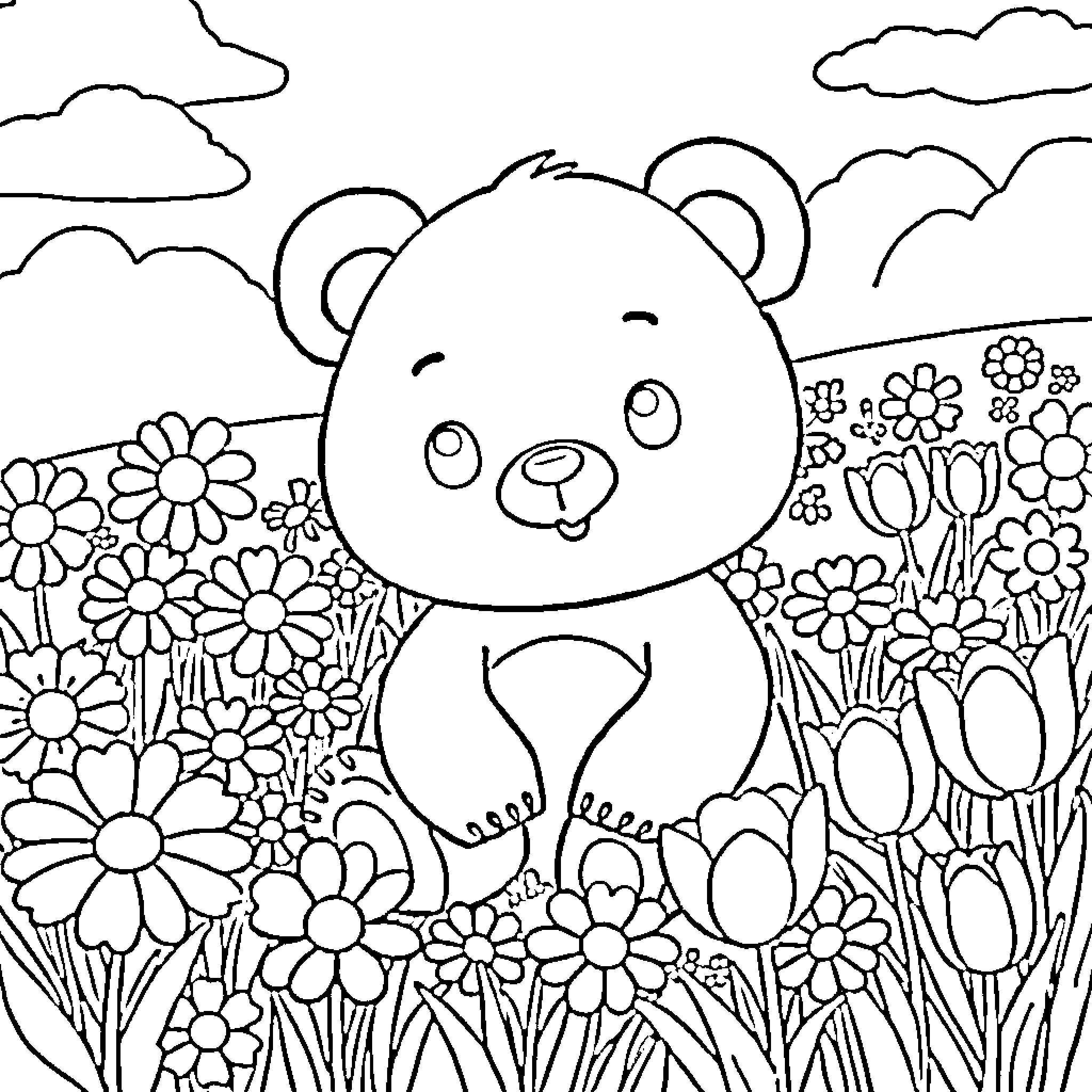 Bear enjoying a flower-filled meadow Coloring Page (free black-and-white line drawing printable PDF for all, from beginners to advanced learners, including children, teens, adults, and seniors)