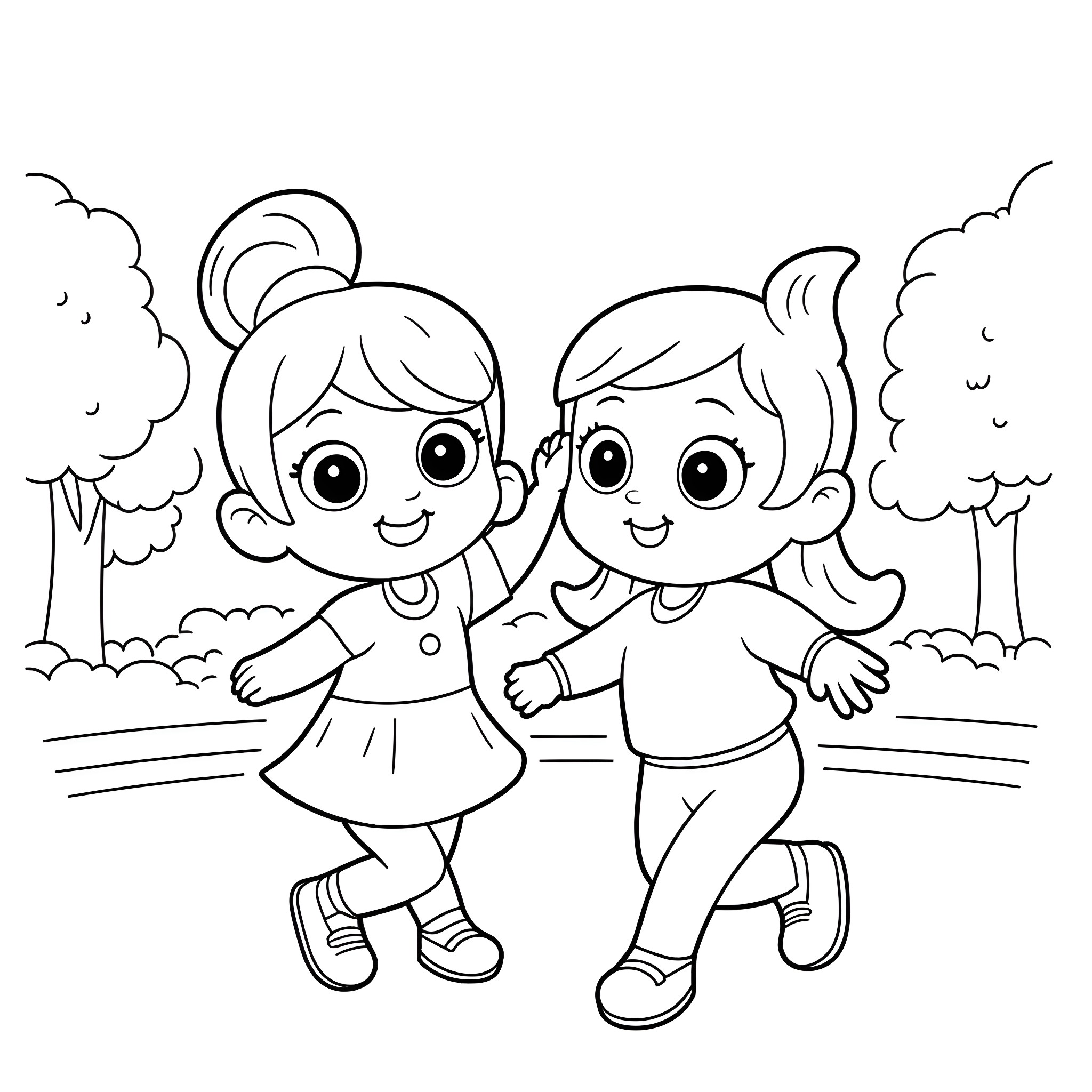 Bluey and friend playing together in the park Coloring Page (free black-and-white line drawing printable PDF for all, from beginners to advanced learners, including children, teens, adults, and seniors)