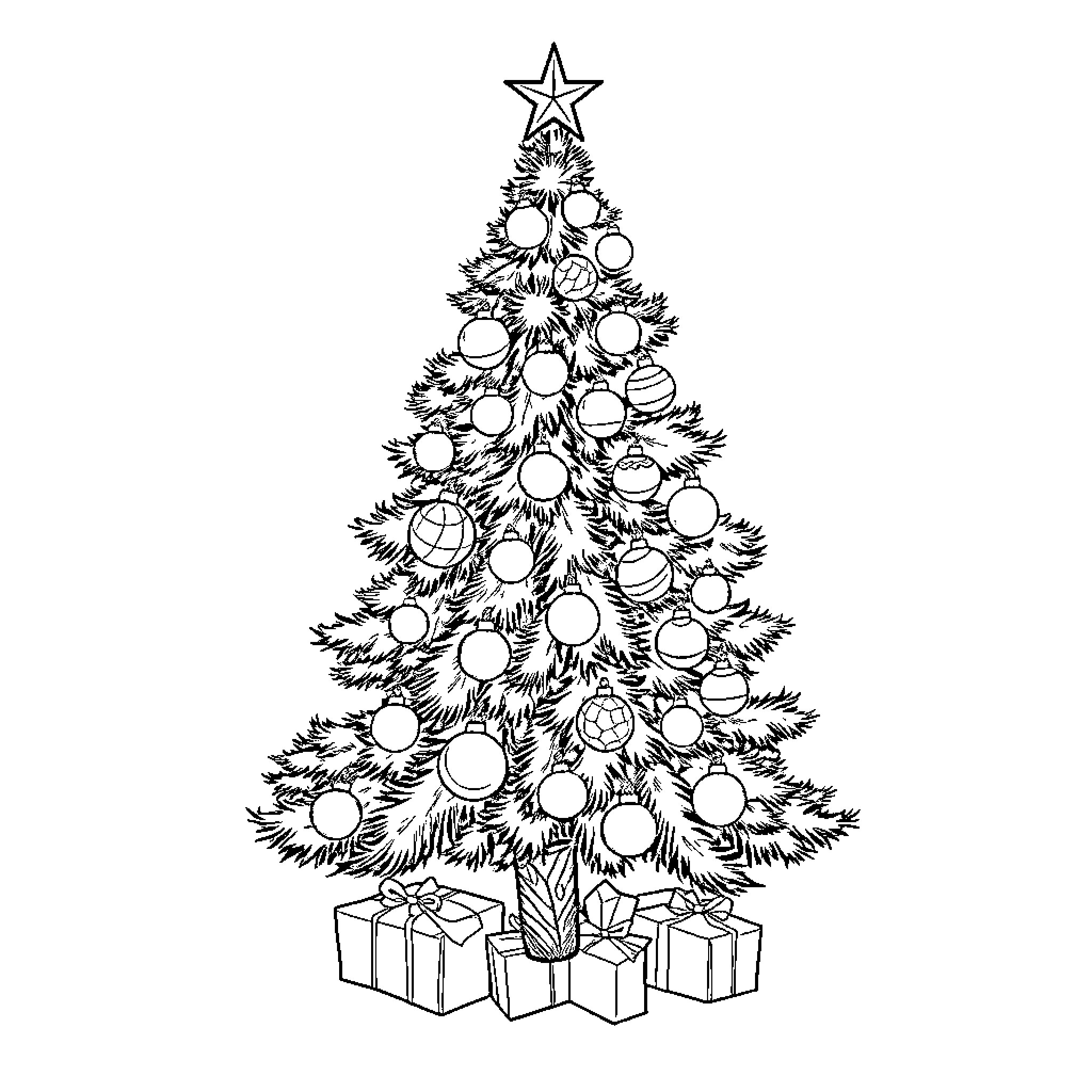 Christmas Tree with Ornaments and Presents Coloring Page (free black-and-white line drawing printable PDF for all, from beginners to advanced learners, including children, teens, adults, and seniors)