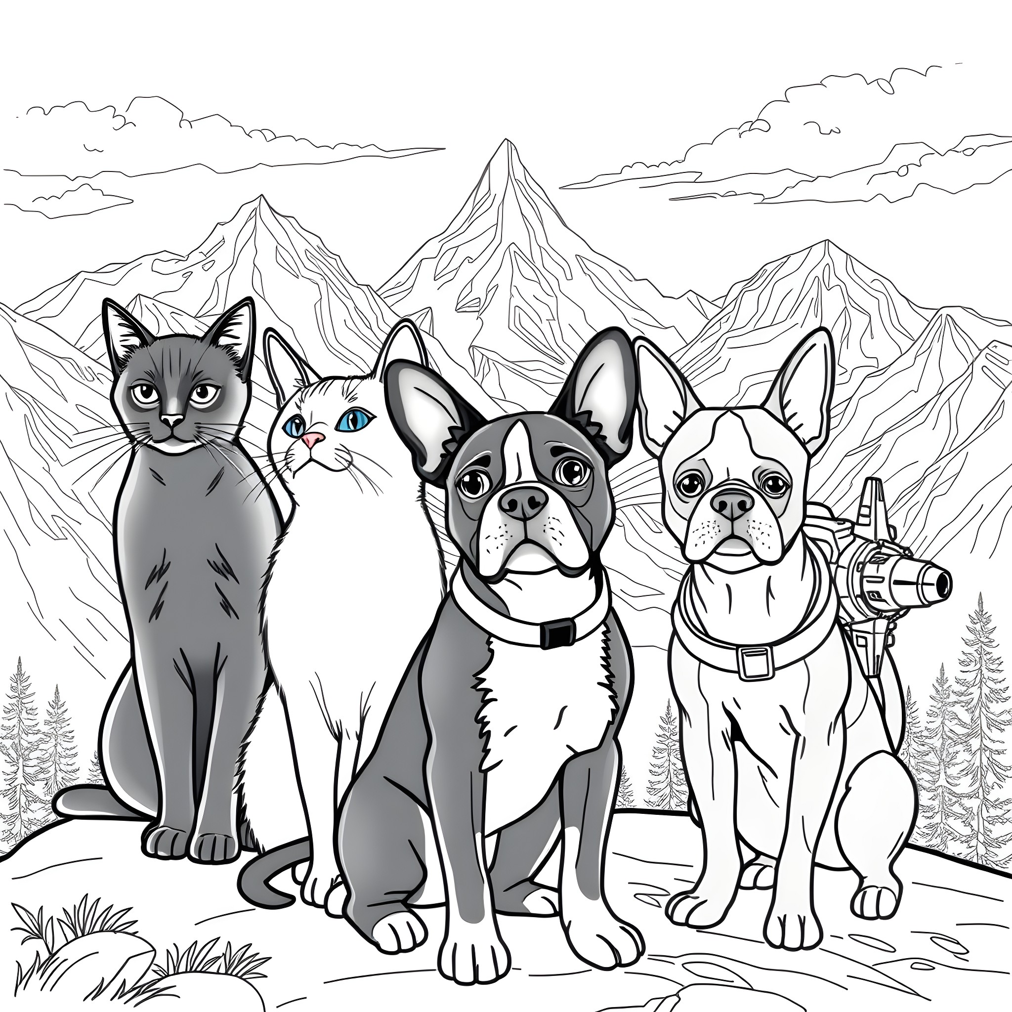 Cats exploring the majestic mountains Coloring Page (free black-and-white line drawing printable PDF for all, from beginners to advanced learners, including children, teens, adults, and seniors)