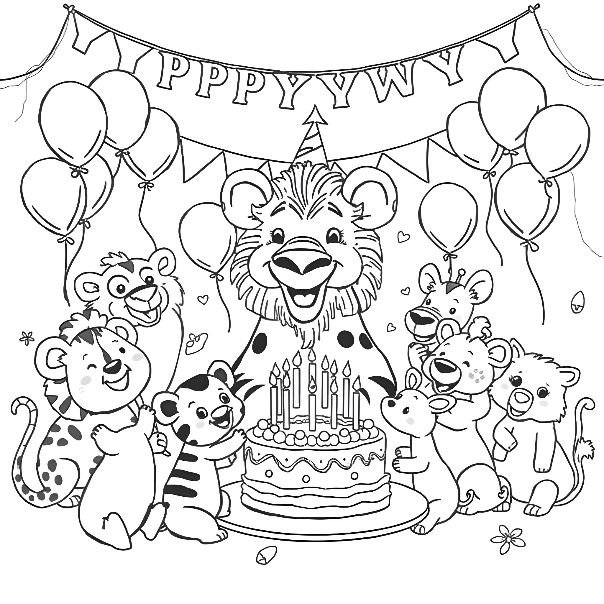 Zoo Animals Celebrating a Happy Birthday Party Coloring Page (free black-and-white line drawing printable PDF for all, from beginners to advanced learners, including children, teens, adults, and seniors)
