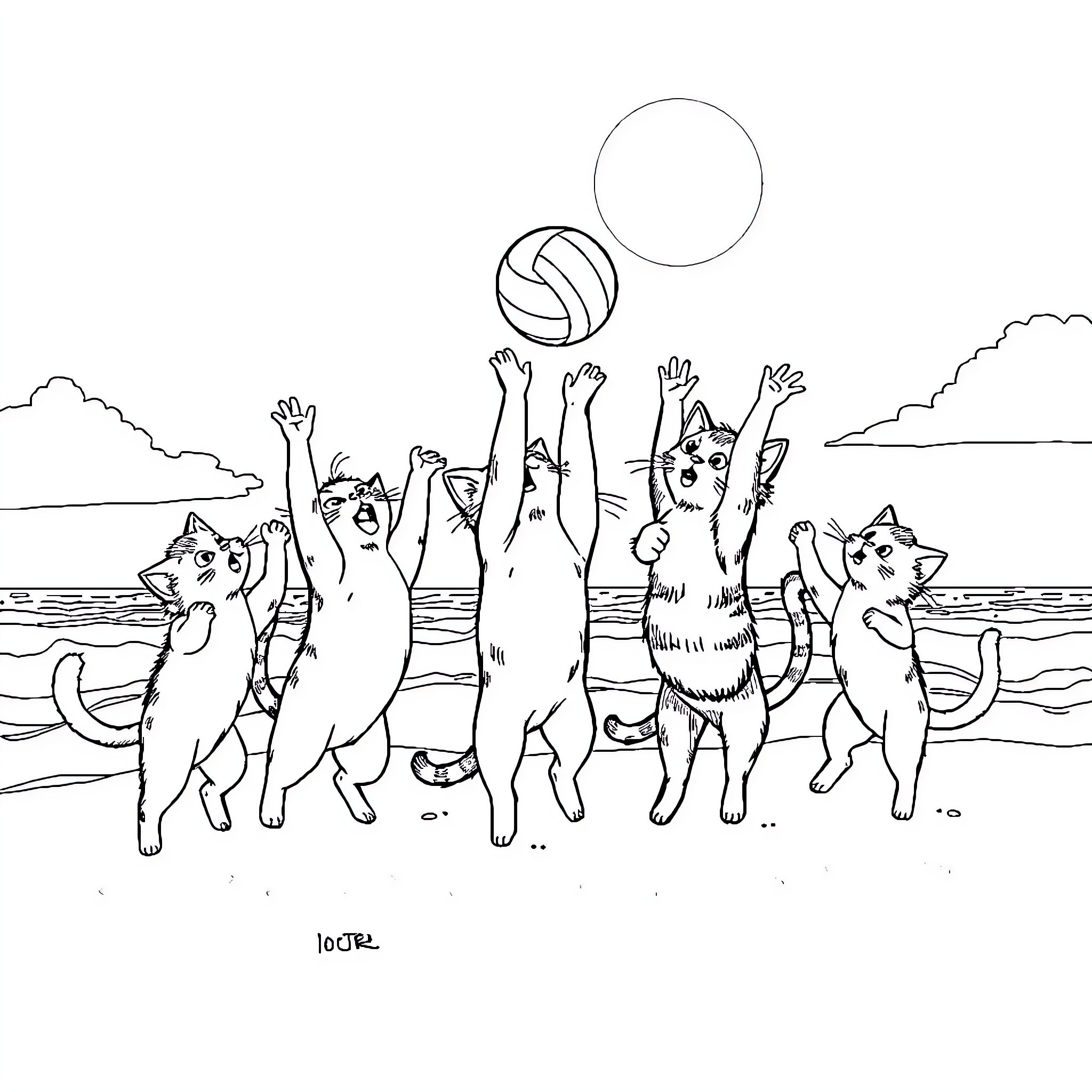 Cats playing with a ball on the beach Coloring Page (free black-and-white line drawing printable PDF for all, from beginners to advanced learners, including children, teens, adults, and seniors)