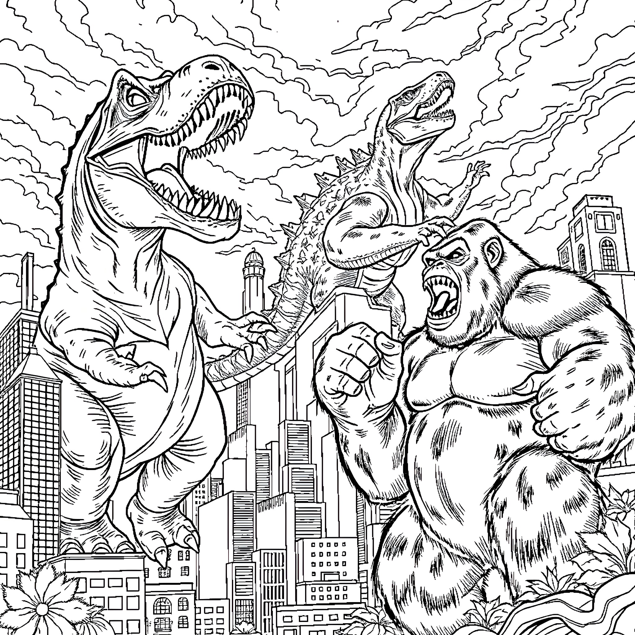 T-Rex Battle in Cityscape with Monsters Coloring Page (free black-and-white line drawing printable PDF for all, from beginners to advanced learners, including children, teens, adults, and seniors)