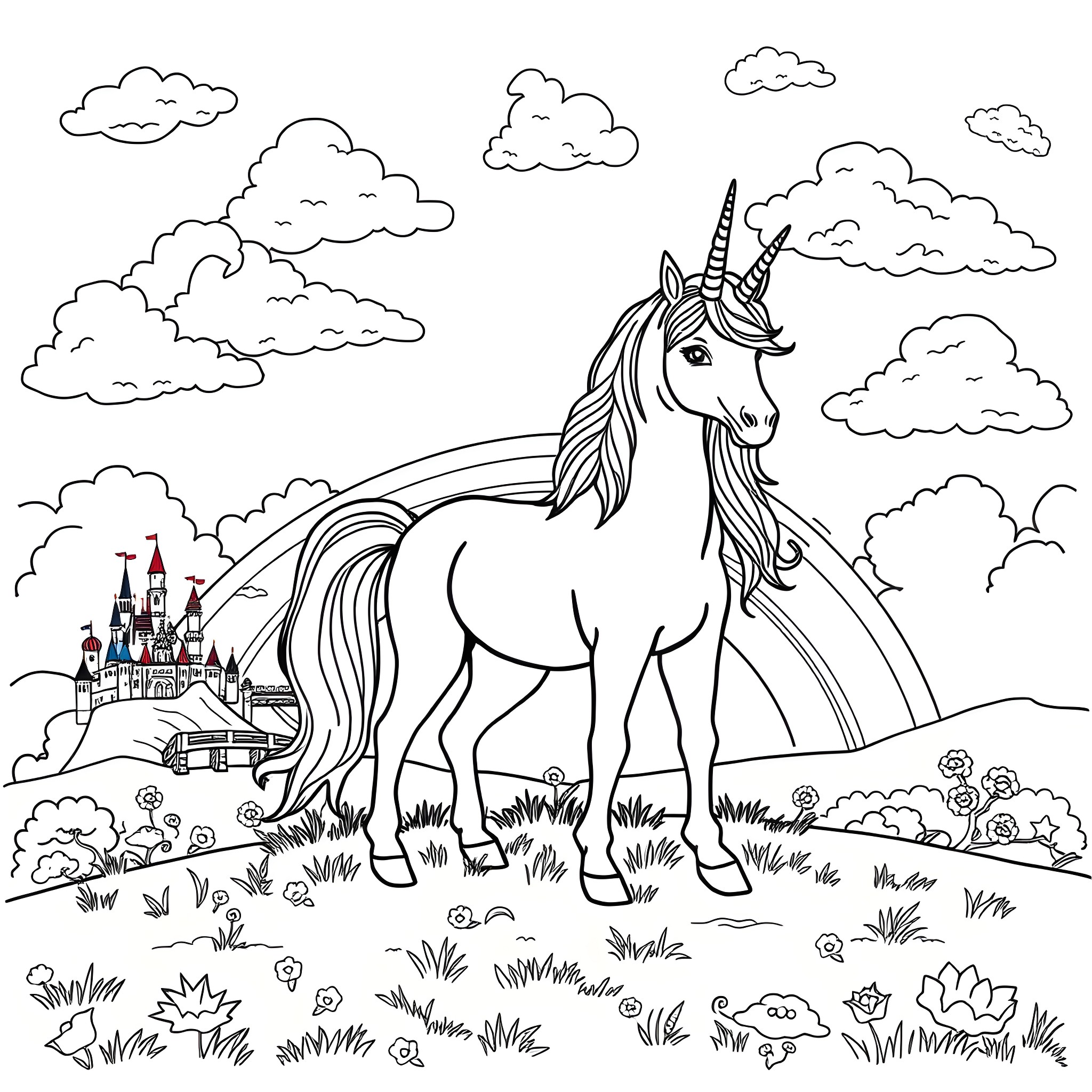 Unicorn standing in a magical meadow with a castle Coloring Page (free black-and-white line drawing printable PDF for all, from beginners to advanced learners, including children, teens, adults, and seniors)