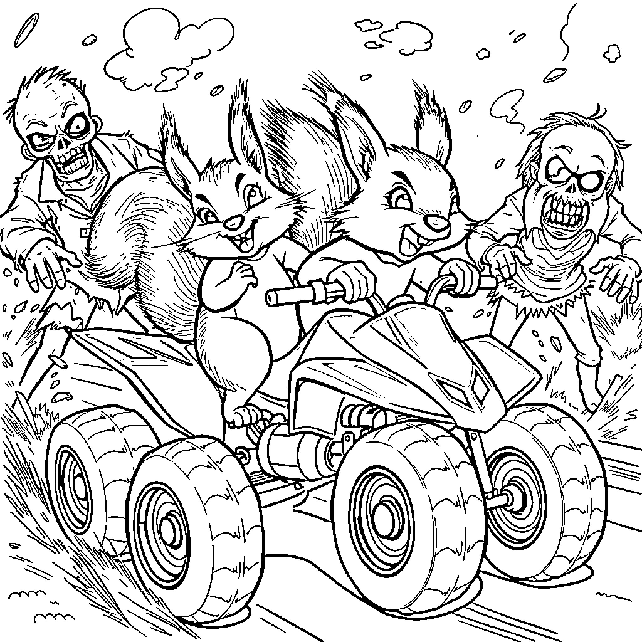 Squirrel friends racing on all-terrain vehicles Coloring Page (free black-and-white line drawing printable PDF for all, from beginners to advanced learners, including children, teens, adults, and seniors)