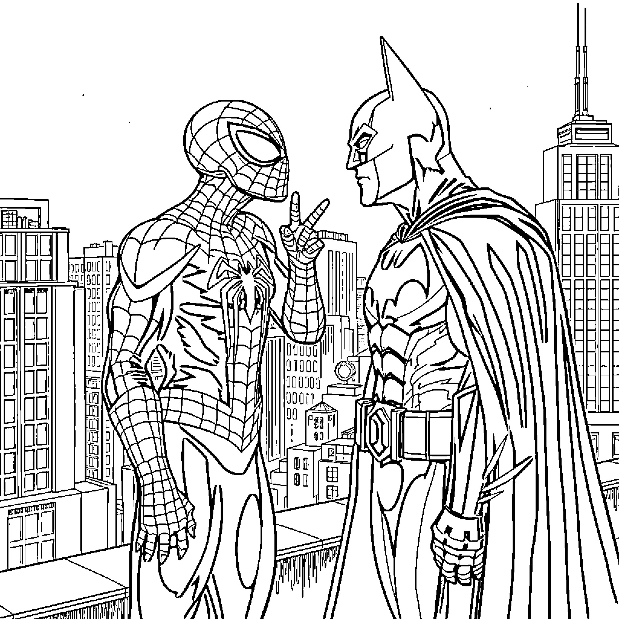 Spiderman and Batman facing off in the city Coloring Page (free black-and-white line drawing printable PDF for all, from beginners to advanced learners, including children, teens, adults, and seniors)