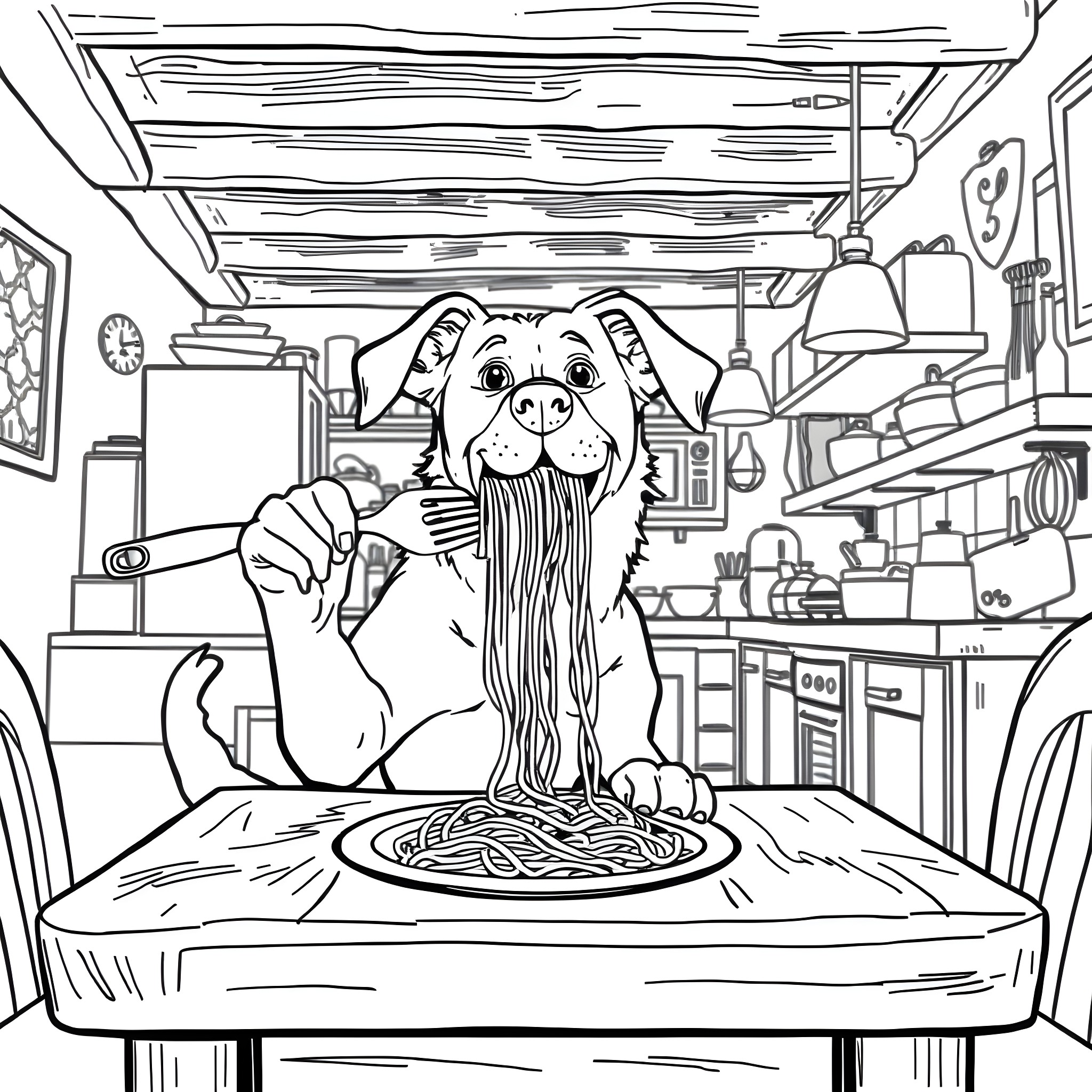 Dog enjoying a tasty spaghetti meal in a cozy kitchen Coloring Page (free black-and-white line drawing printable PDF for all, from beginners to advanced learners, including children, teens, adults, and seniors)