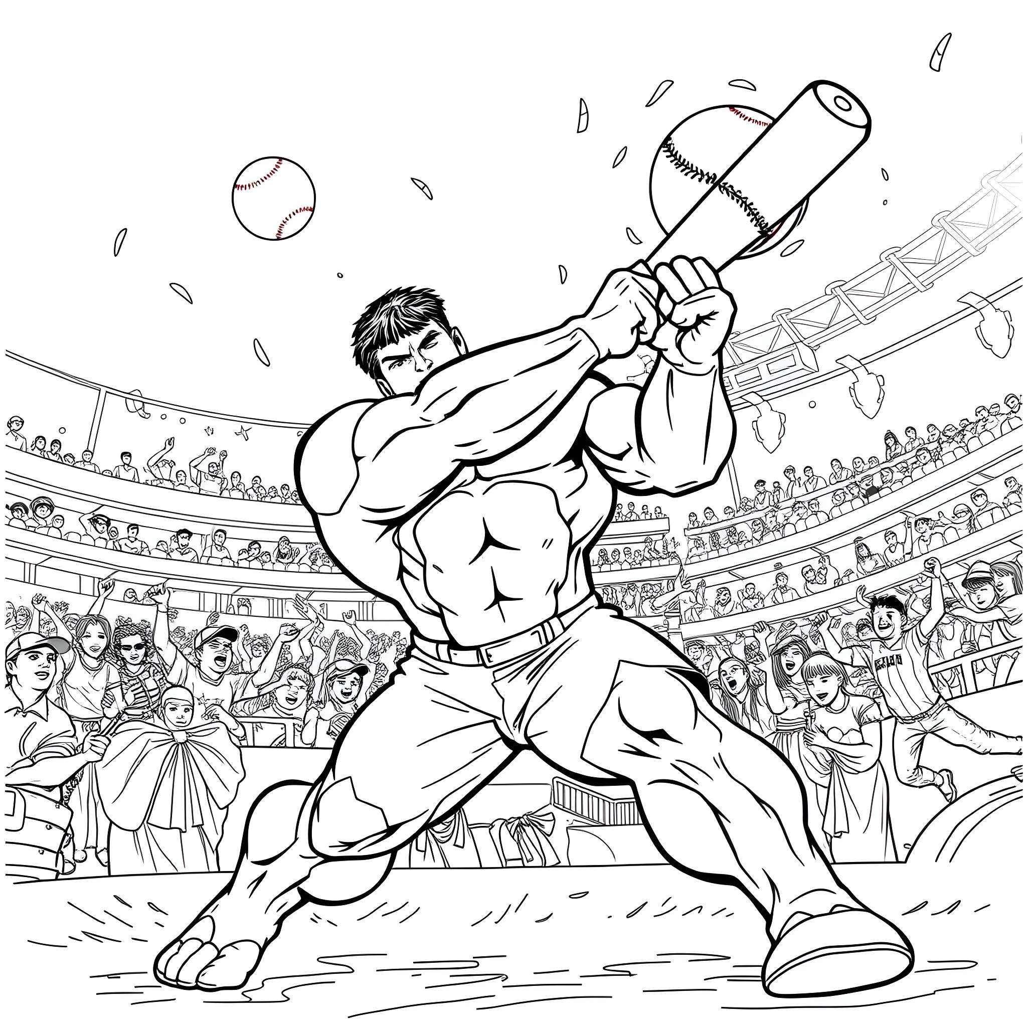 Hulk battling fiercely in a crowded stadium Coloring Page (free black-and-white line drawing printable PDF for all, from beginners to advanced learners, including children, teens, adults, and seniors)