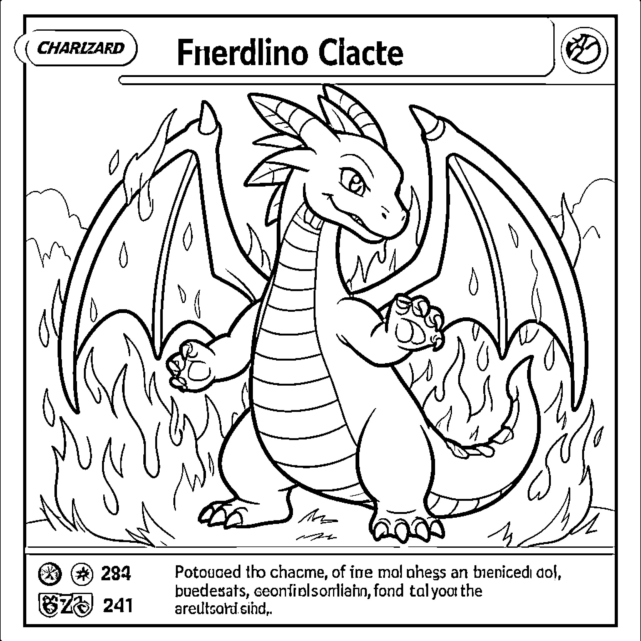 Charizard standing powerfully amidst swirling flames Coloring Page (free black-and-white line drawing printable PDF for all, from beginners to advanced learners, including children, teens, adults, and seniors)