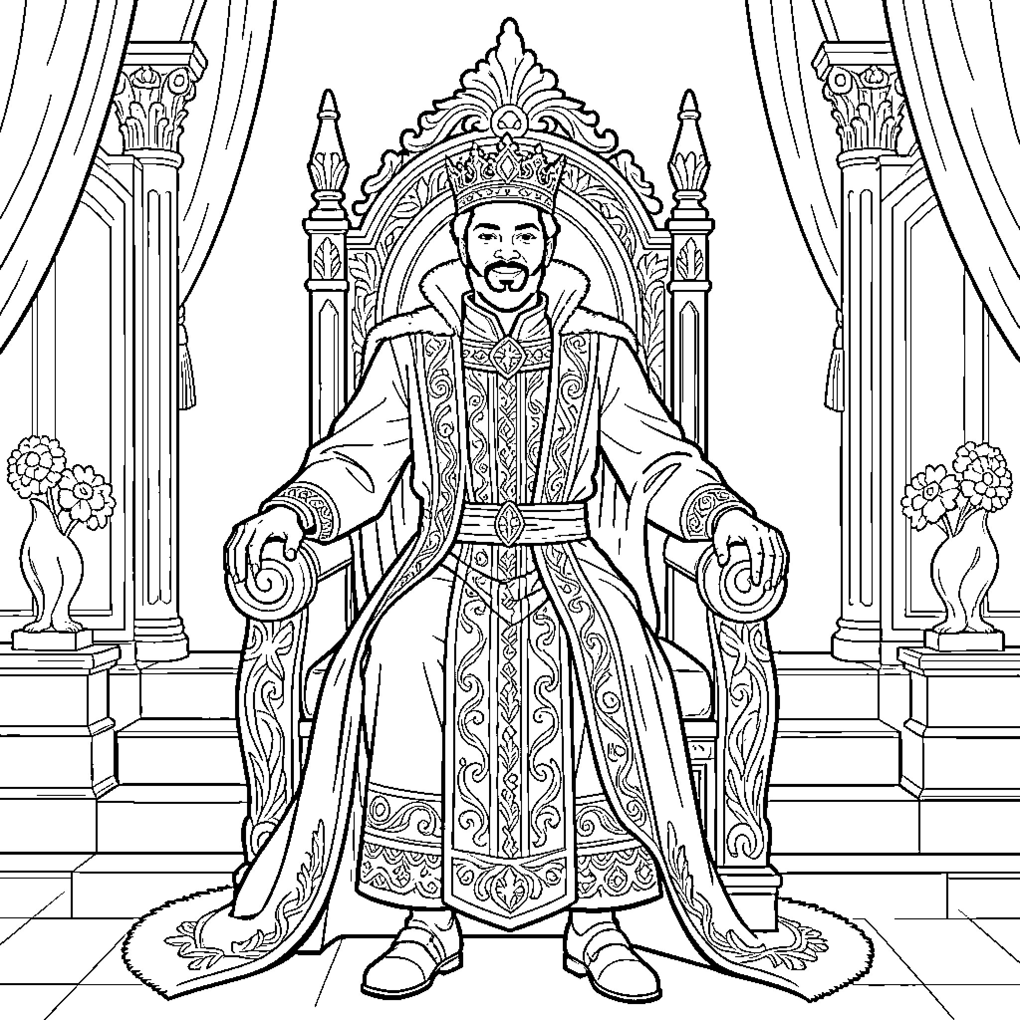 Gbêhanzin sitting regally on an ornate throne Coloring Page (free black-and-white line drawing printable PDF for all, from beginners to advanced learners, including children, teens, adults, and seniors)