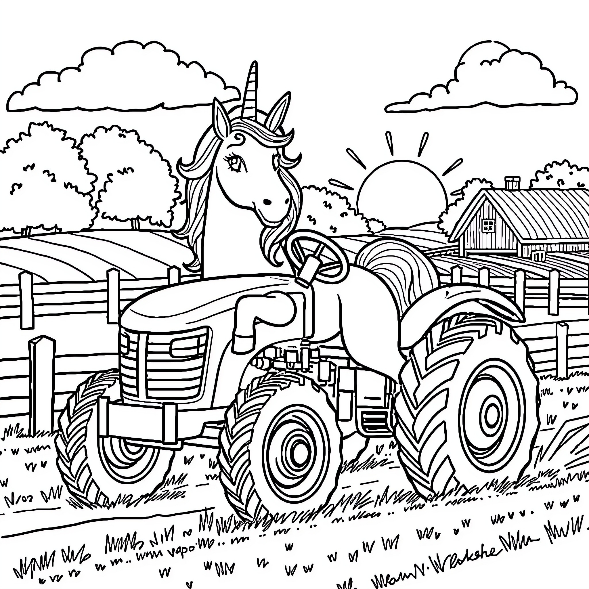 Unicorn Riding a Tractor on a Country Farm Coloring Page (free black-and-white line drawing printable PDF for all, from beginners to advanced learners, including children, teens, adults, and seniors)