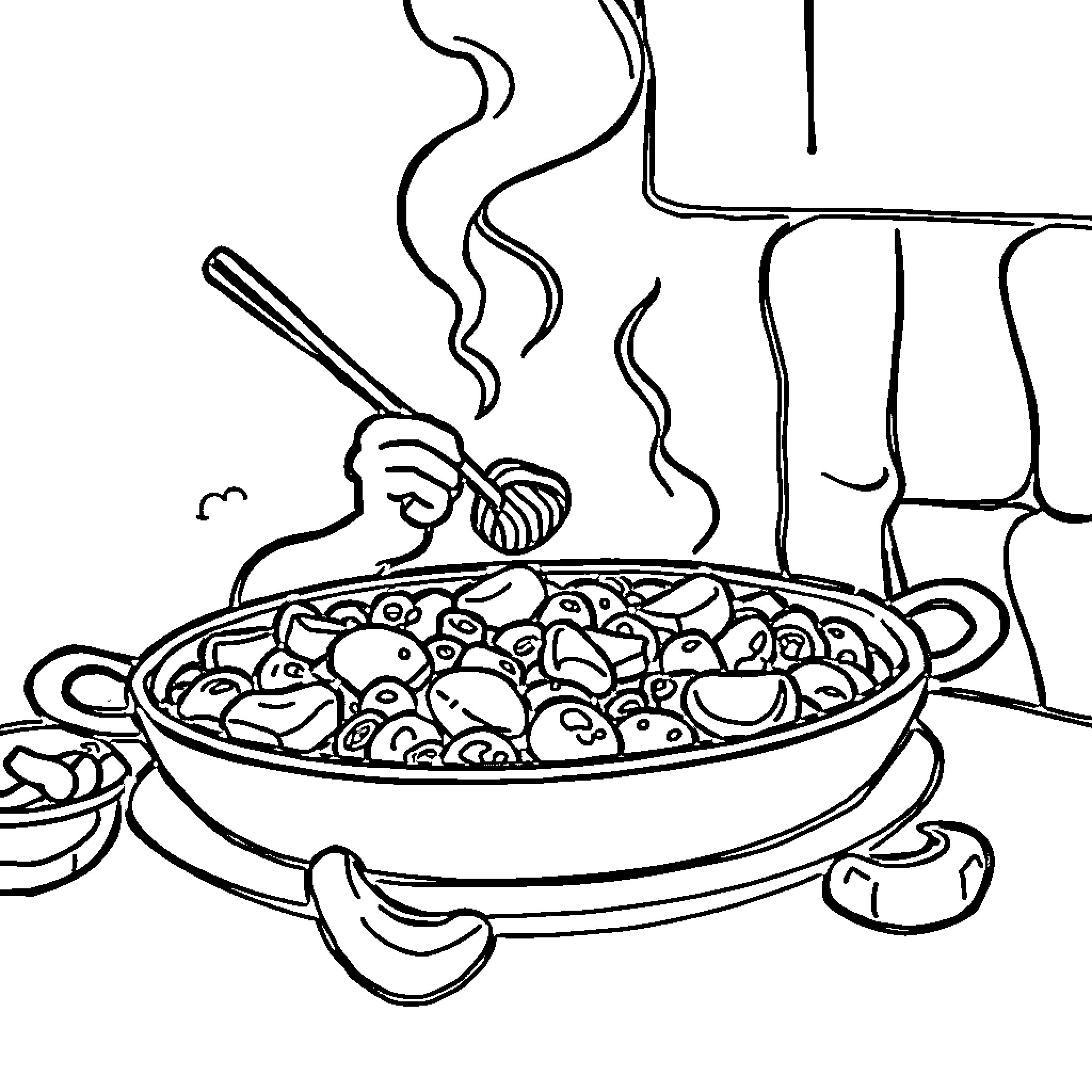Rayo's Steaming Hot Pot Coloring Page (free black-and-white line drawing printable PDF for all, from beginners to advanced learners, including children, teens, adults, and seniors)